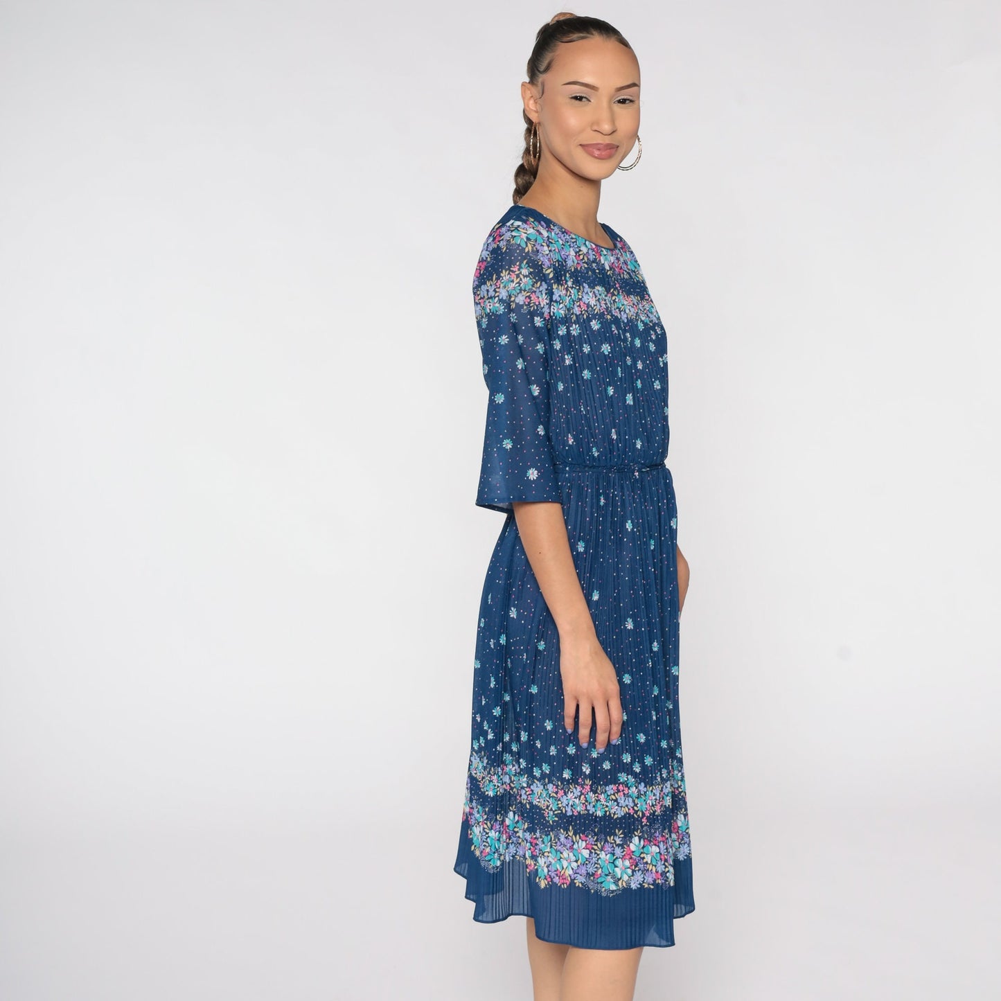 70s Floral Midi Dress Blue High Waist Knife Pleated 3/4 Sleeve Large L