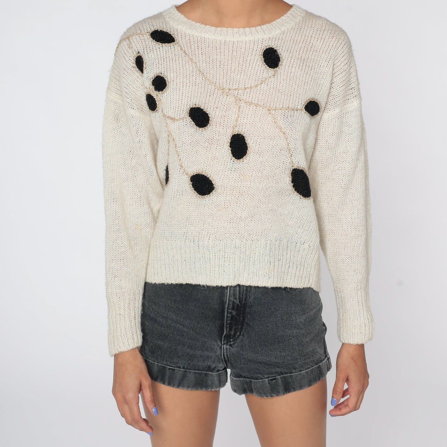 80s White Leaf Knit Sweater Graphic Pullover Crewneck Medium