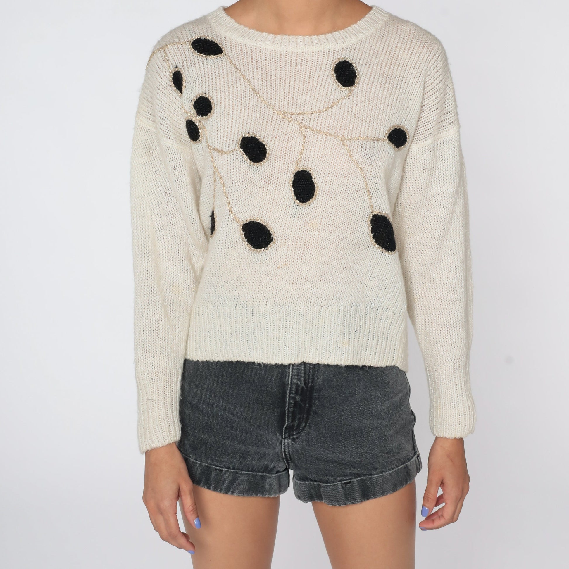 80s White Leaf Knit Sweater Graphic Pullover Crewneck Medium