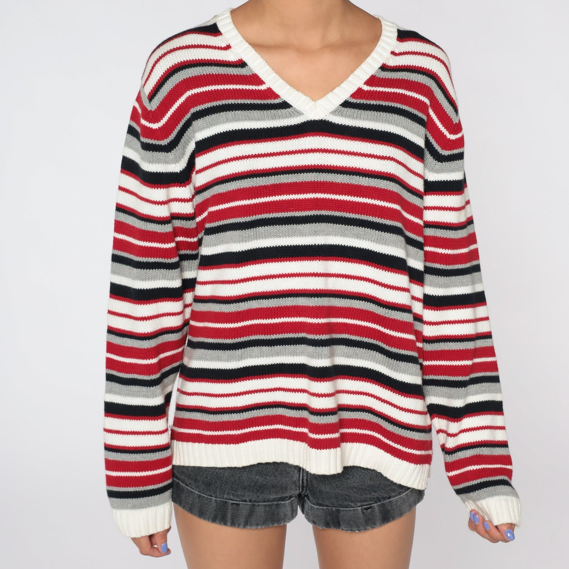90s Red White Striped Cotton Knit V-Neck Pullover Sweater Men's Large L
