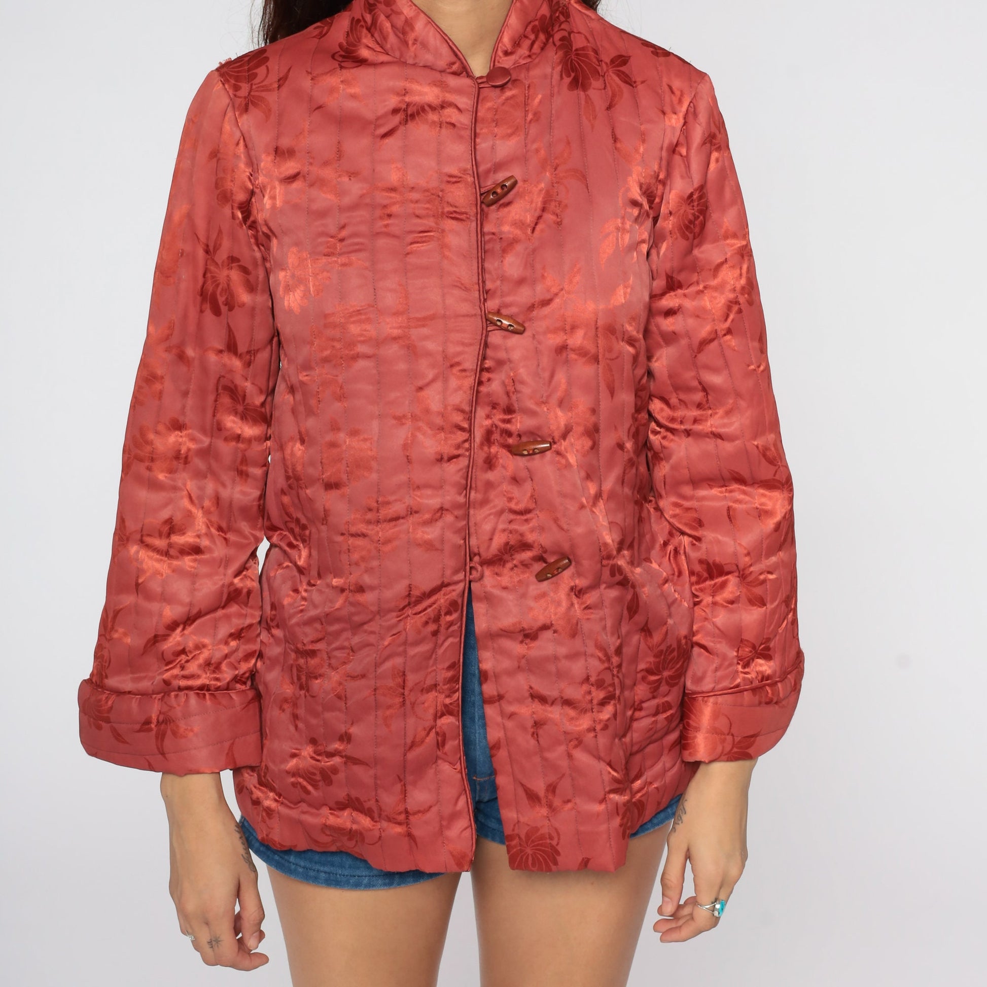 70s Red Floral Quilted Jacket Toggle Button Small
