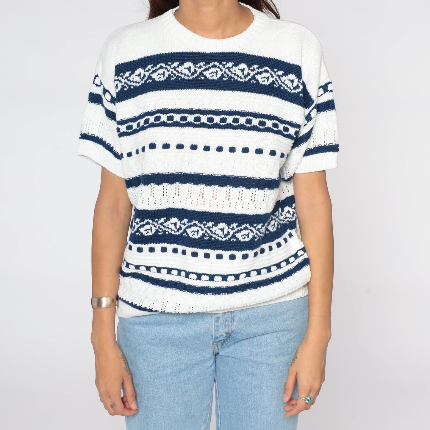80s Knit Sweater Top White Striped Leaf Design Short Sleeve Large L