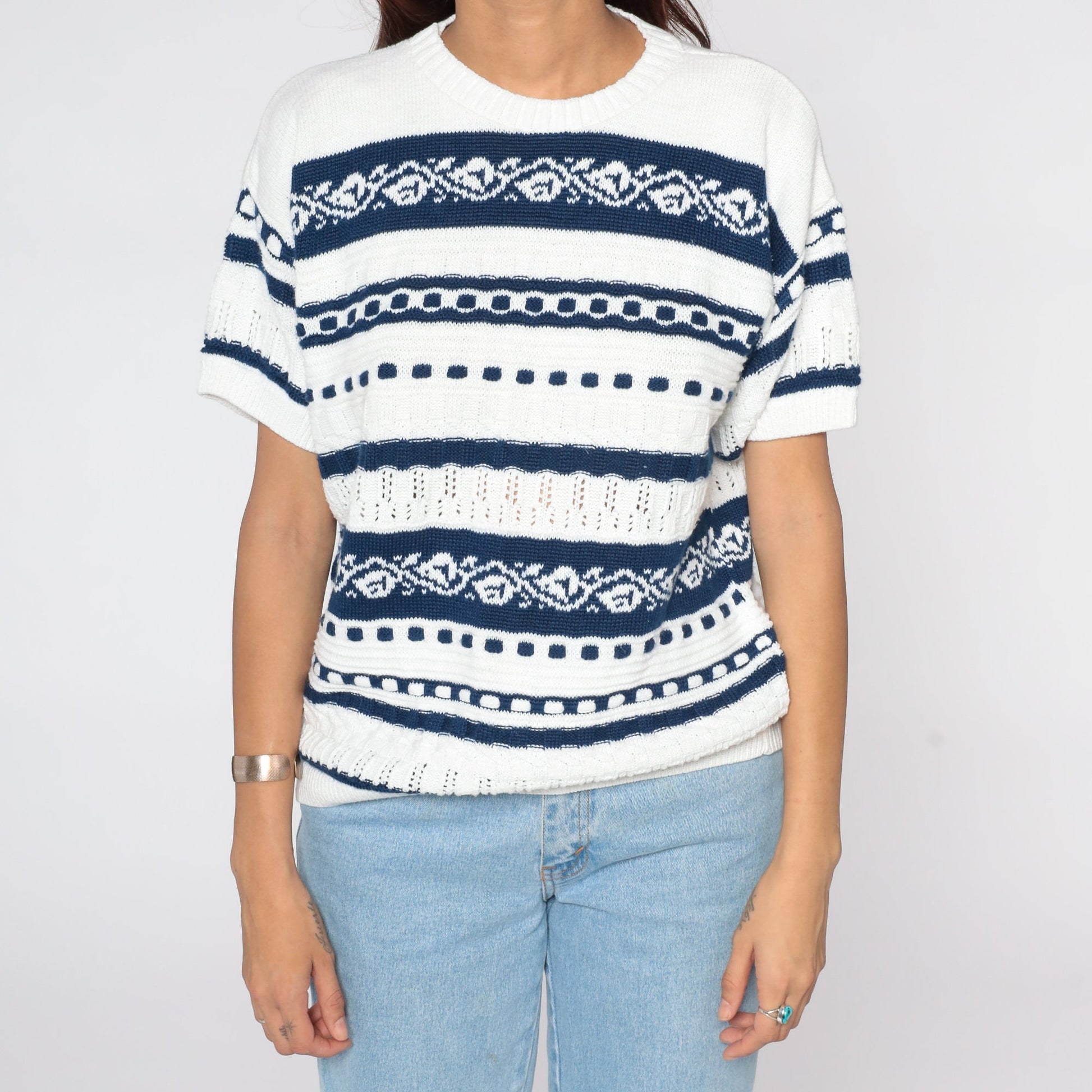 80s Knit Sweater Top White Striped Leaf Design Short Sleeve Large L