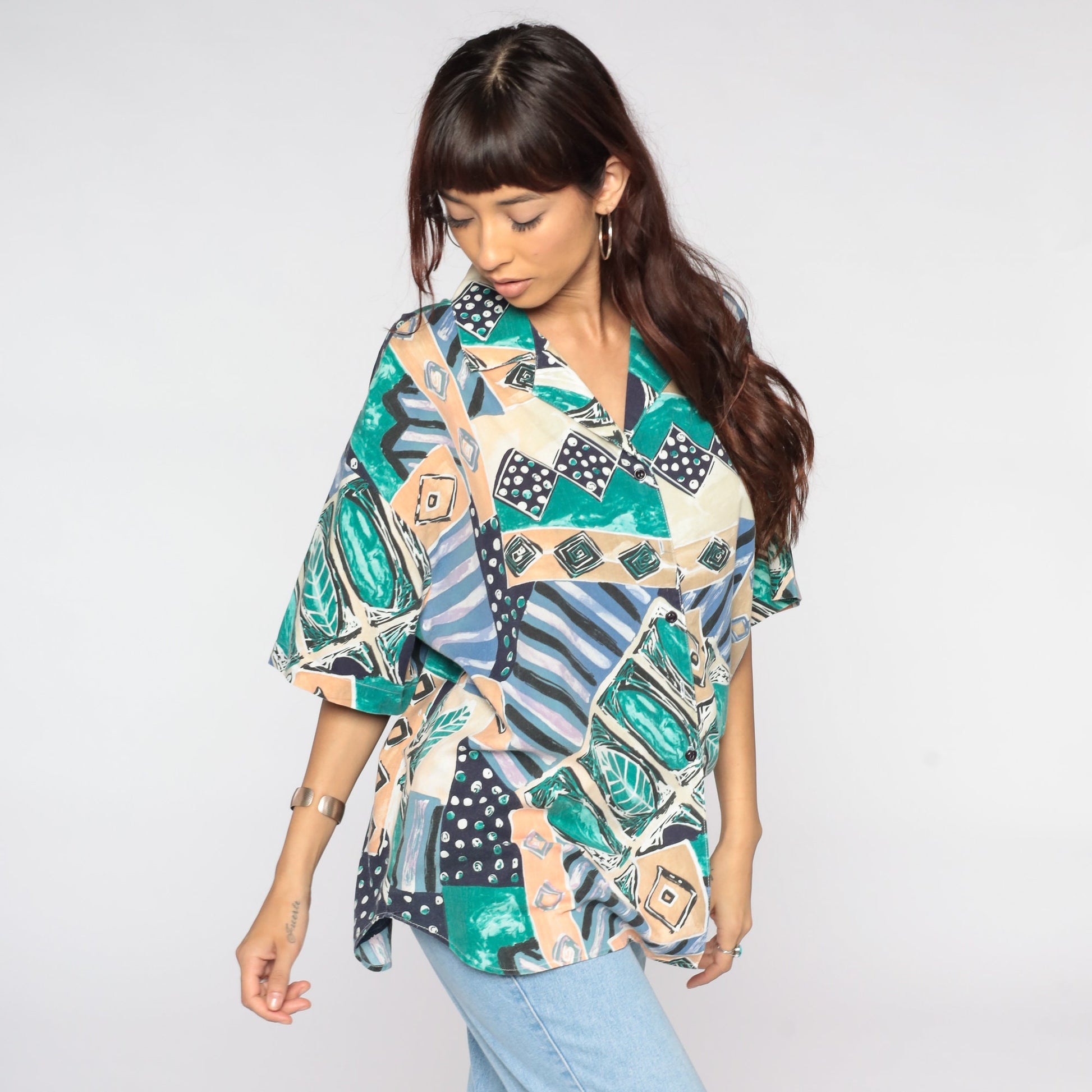80s Geometric Tropical Button Up Blouse Plus Size Green Blue Short Sleeve Extra Extra Large XXL