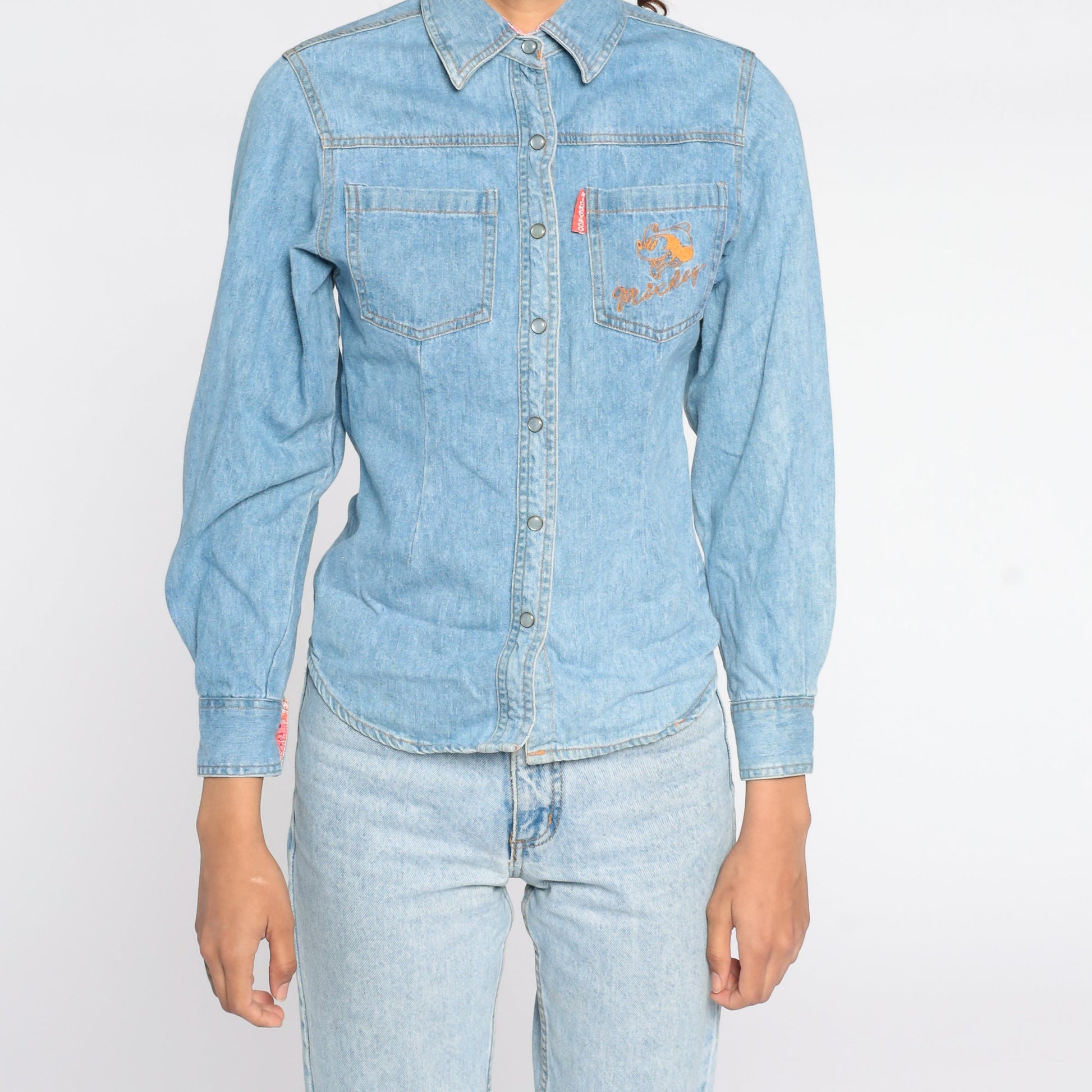 90s Disney Mickey Mouse Denim Pearl Snap Western Shirt Extra Small