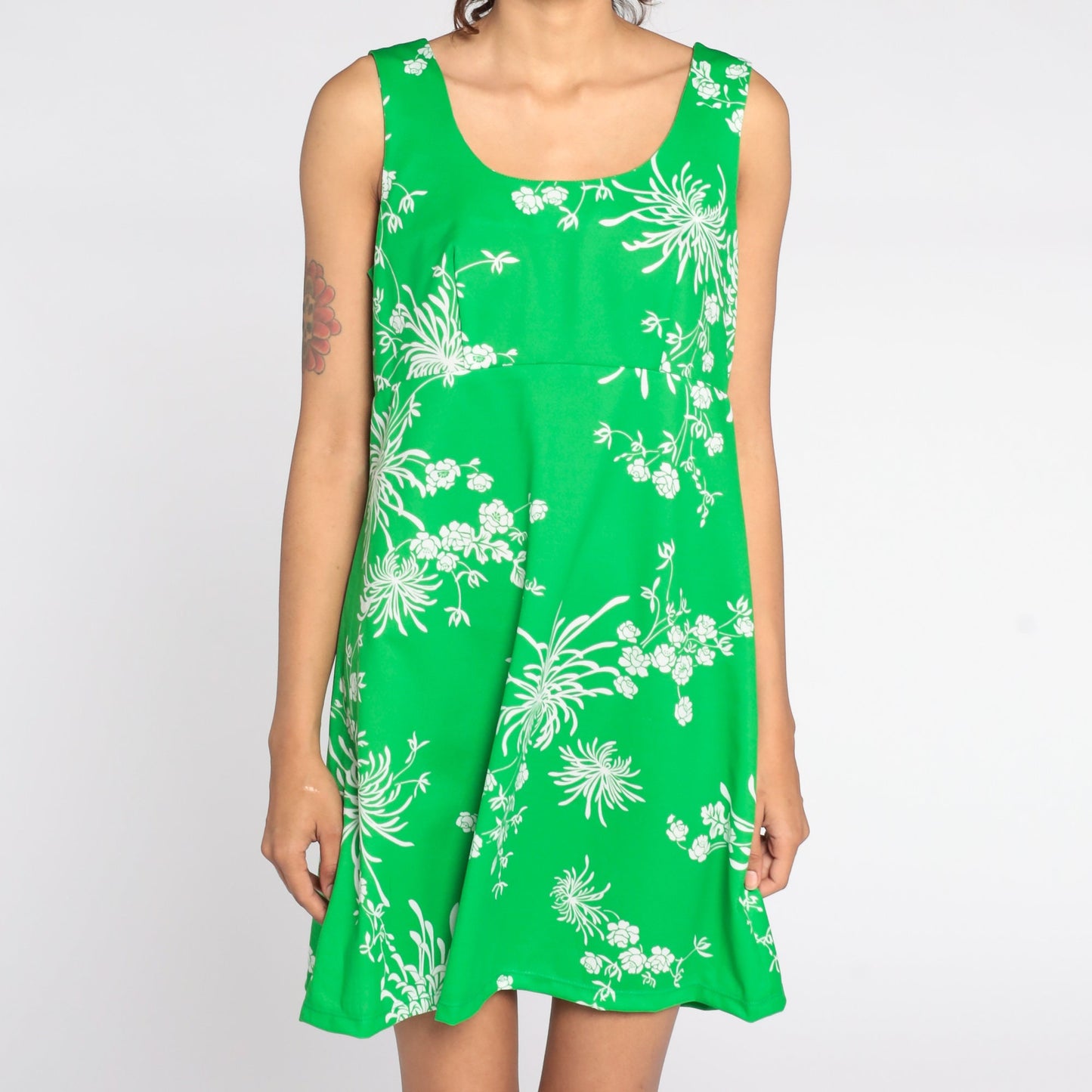 70s Babydoll Mini Dress Green Floral Empire Waist Sleeveless Medium