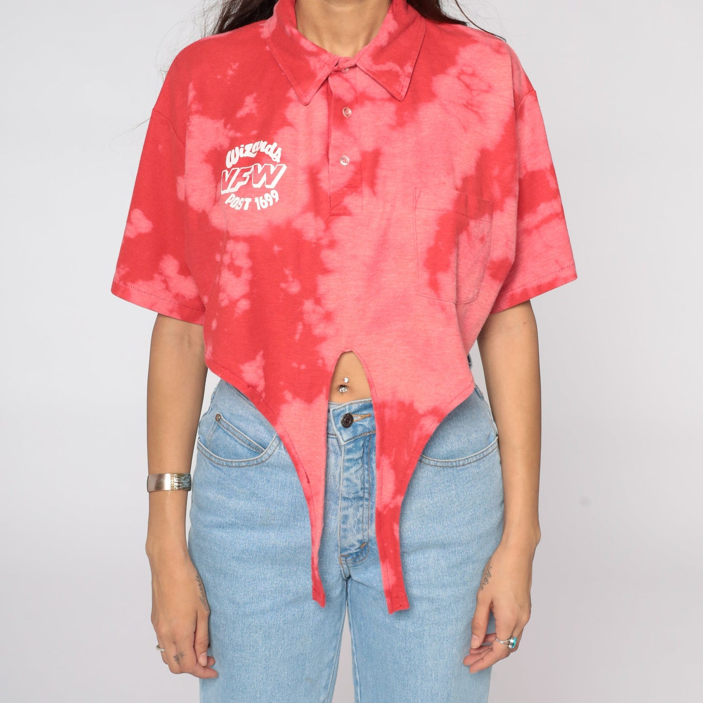 90s Wizards VFW 1699 Tie Dye Crop Top Button Up Shirt Red Extra Large