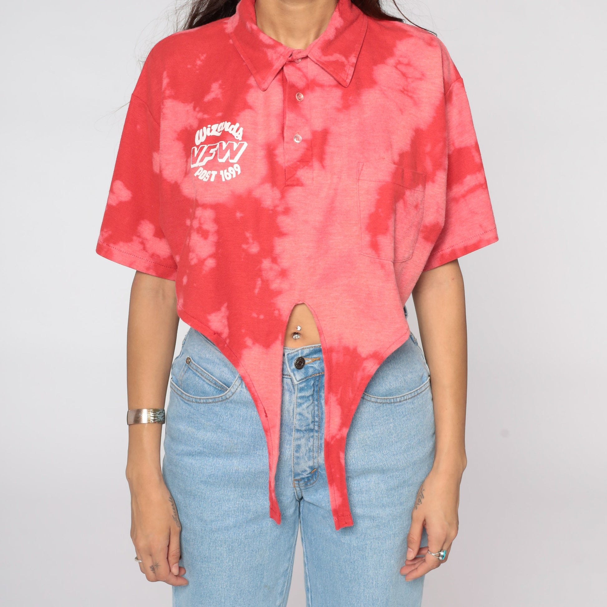 90s Wizards VFW 1699 Tie Dye Crop Top Button Up Shirt Red Extra Large