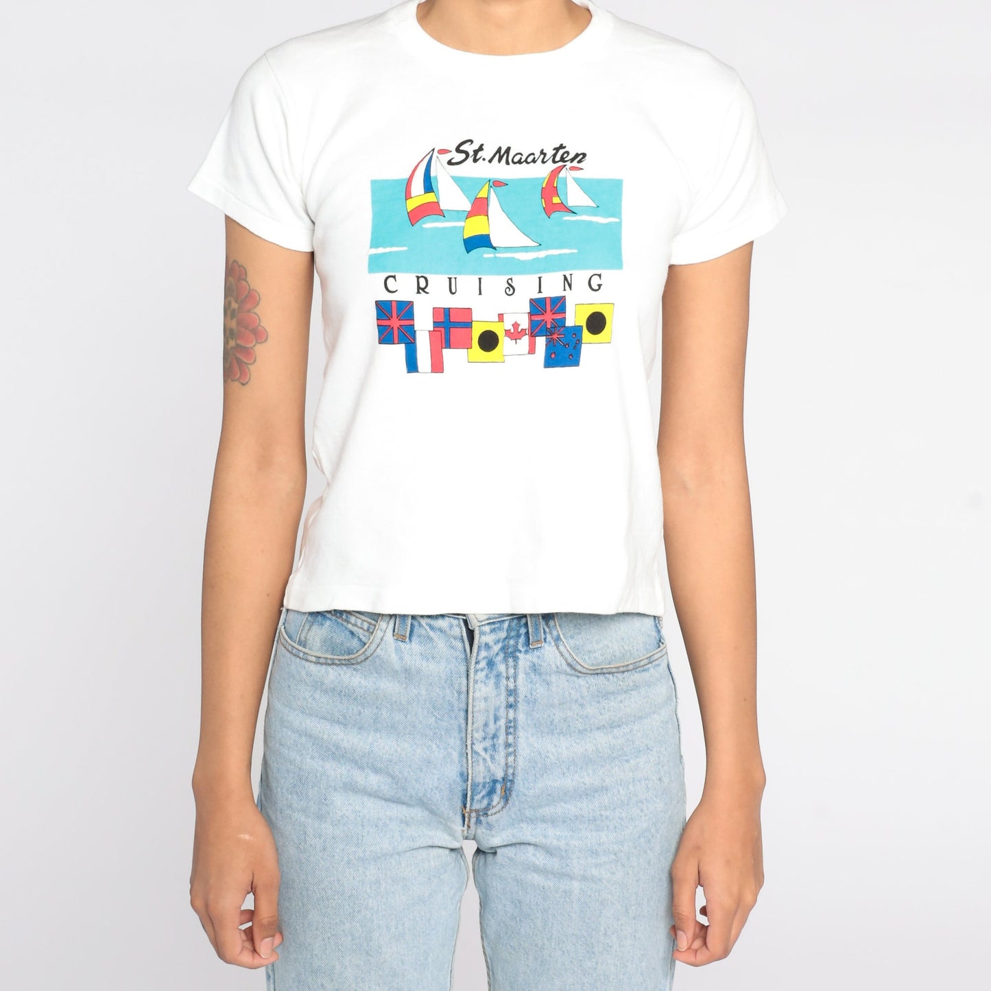 90s St. Maarten Sailboat Graphic T-Shirt White Cotton Extra Small