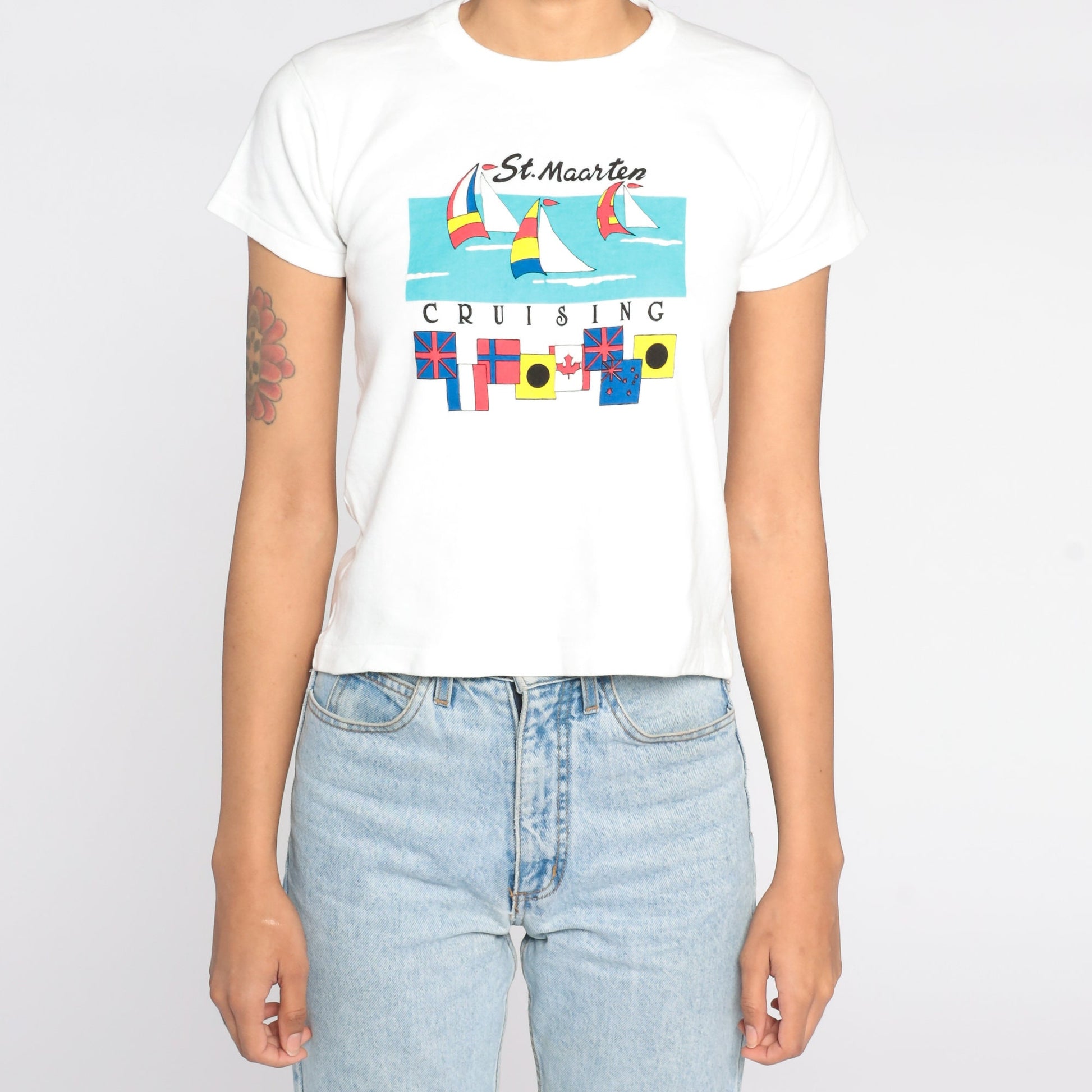 90s St. Maarten Sailboat Graphic T-Shirt White Cotton Extra Small