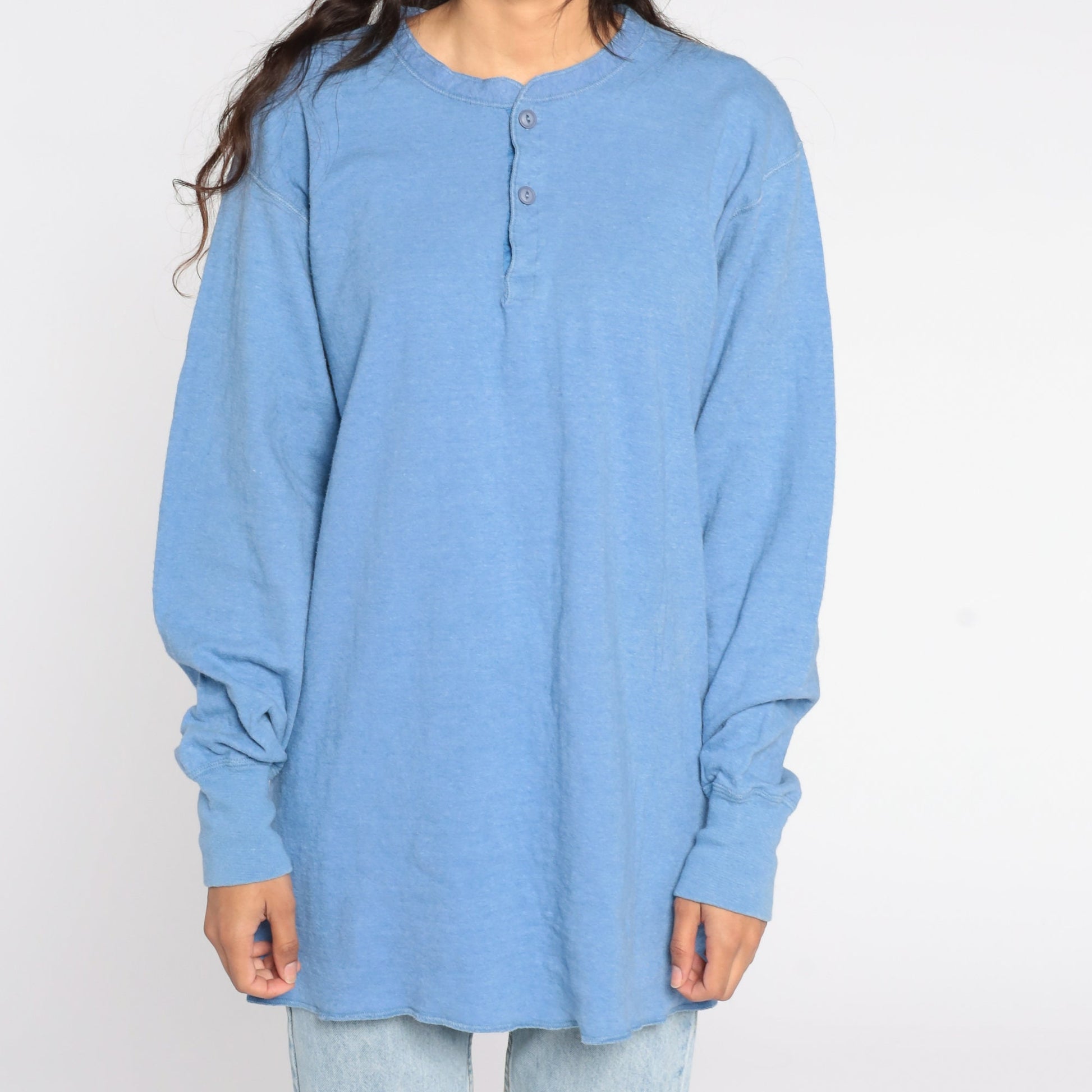90s LL Bean Blue Wool Henley Shirt Long Sleeve Men's Extra Large Tall