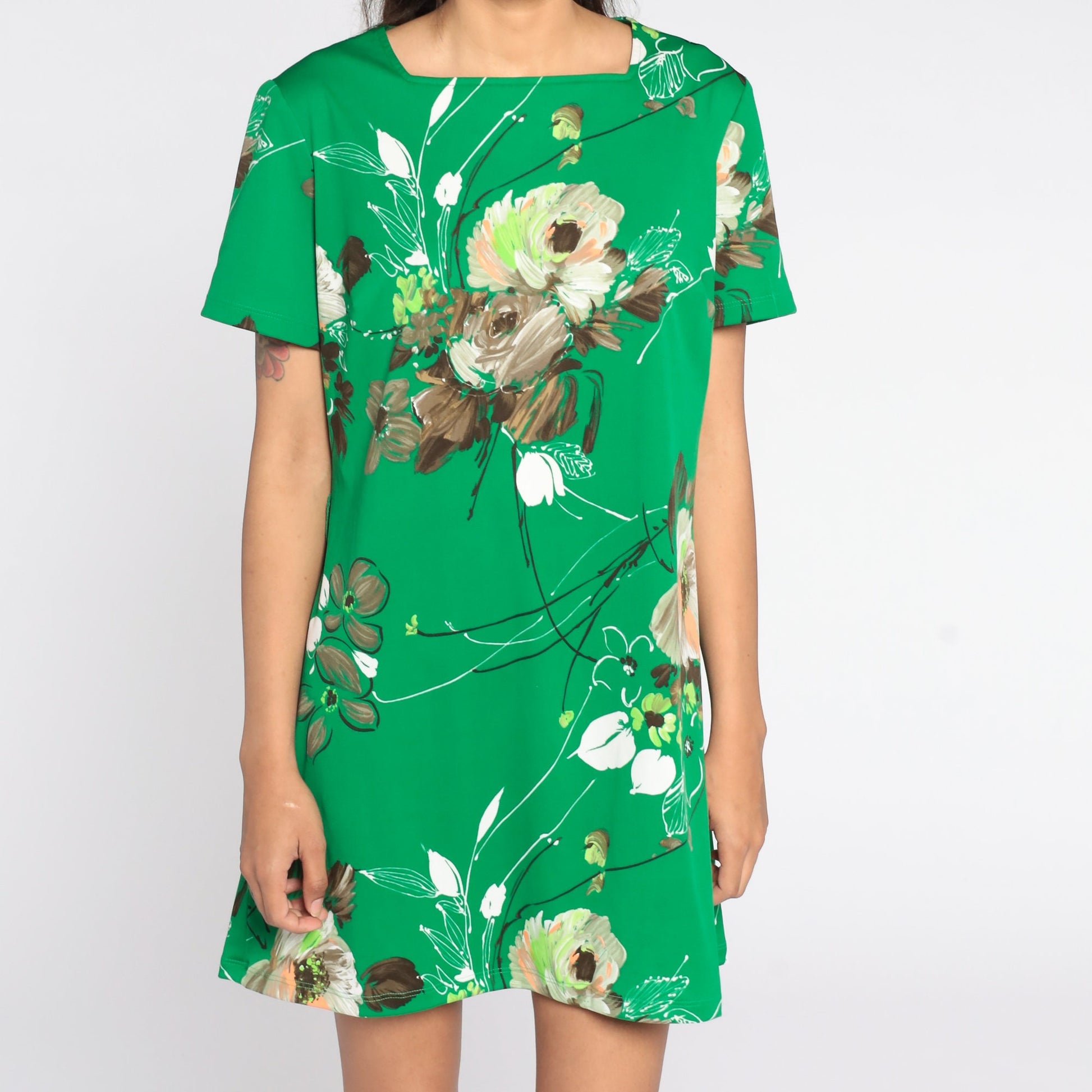 60s Mod Mini Shift Dress Green Floral Print Short Sleeve Medium Large