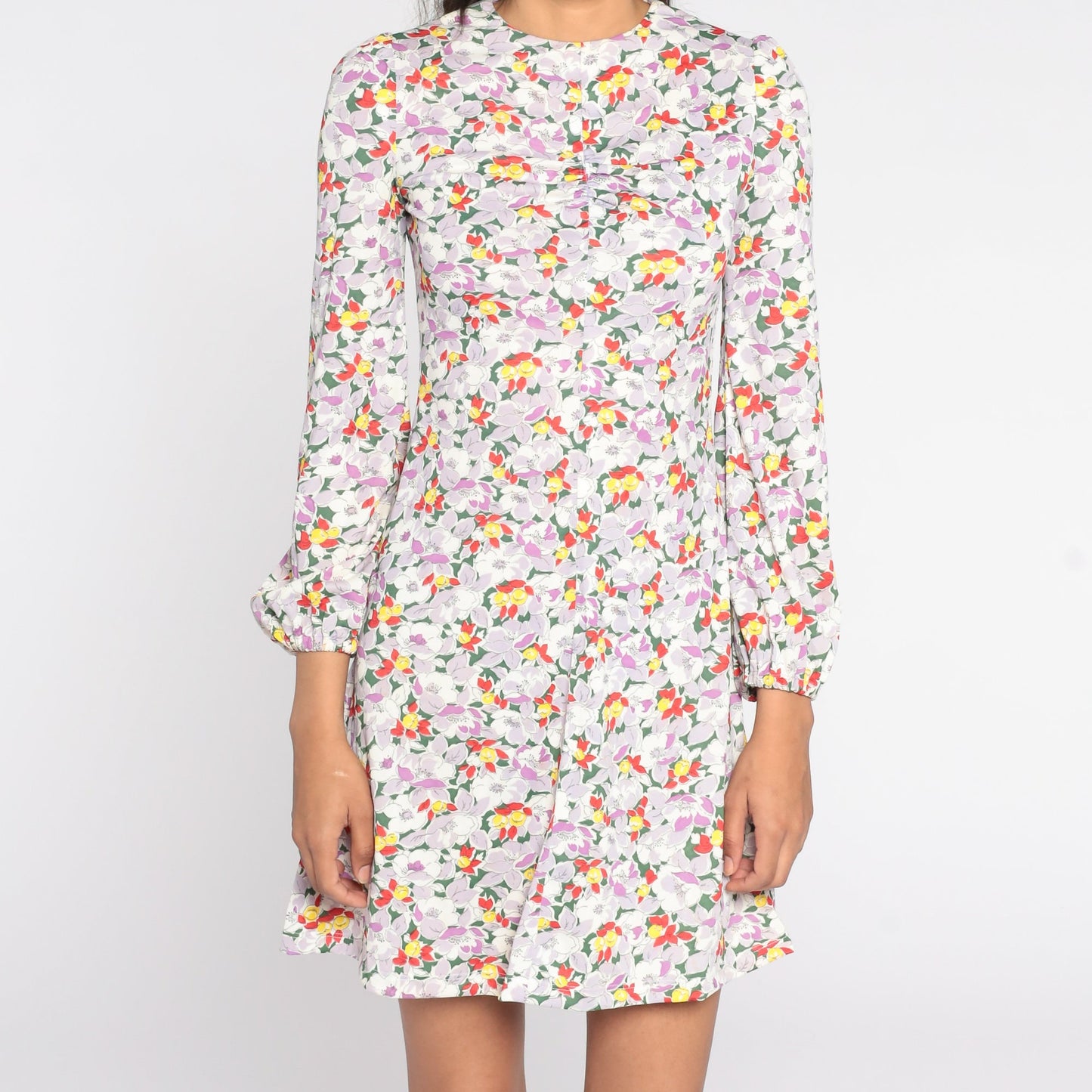 70s Floral Puff Sleeve Mini Shift Dress Multicolor Extra Small