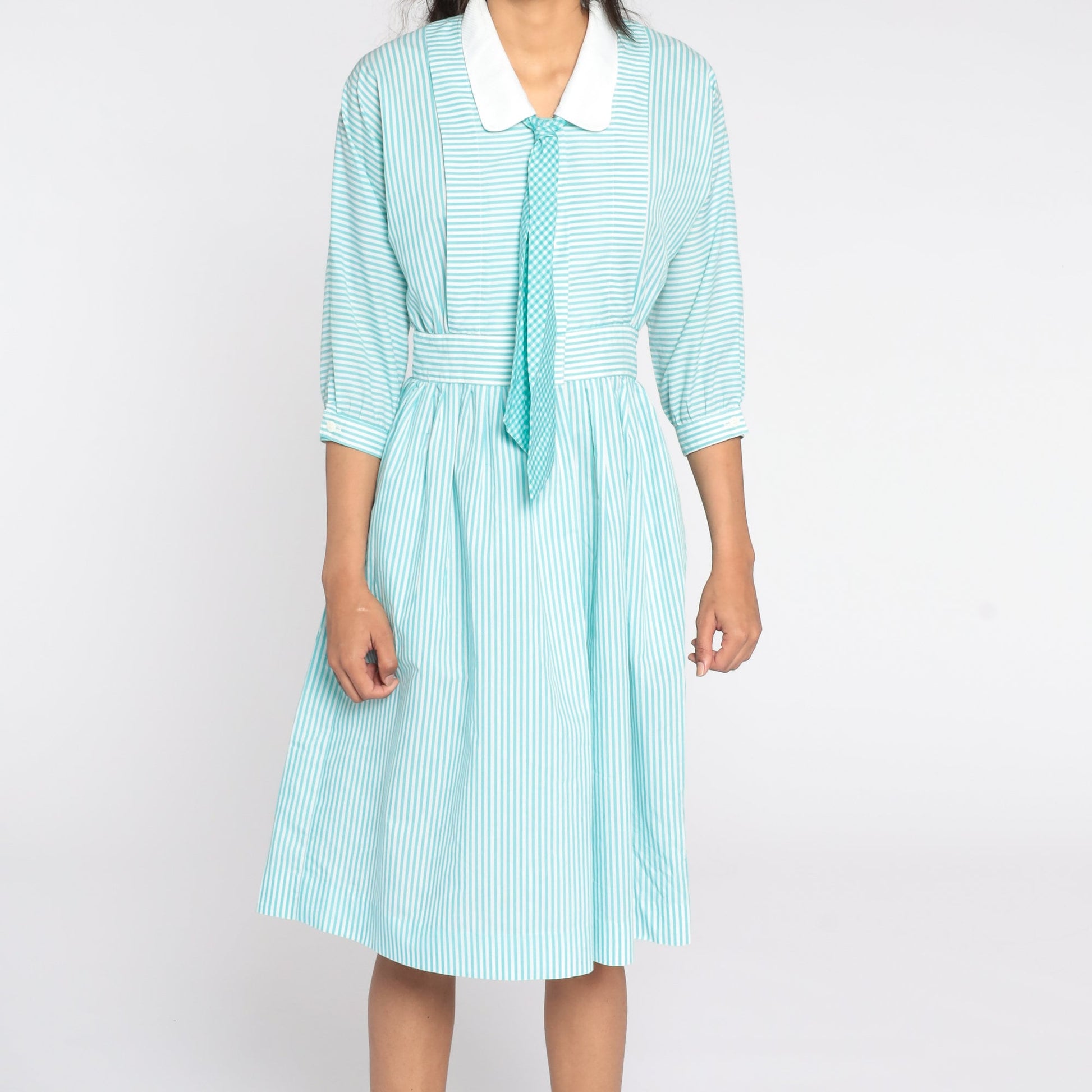 80s Blue Striped Midi Dress Ascot Necktie Peter Pan Collar High Waist Small