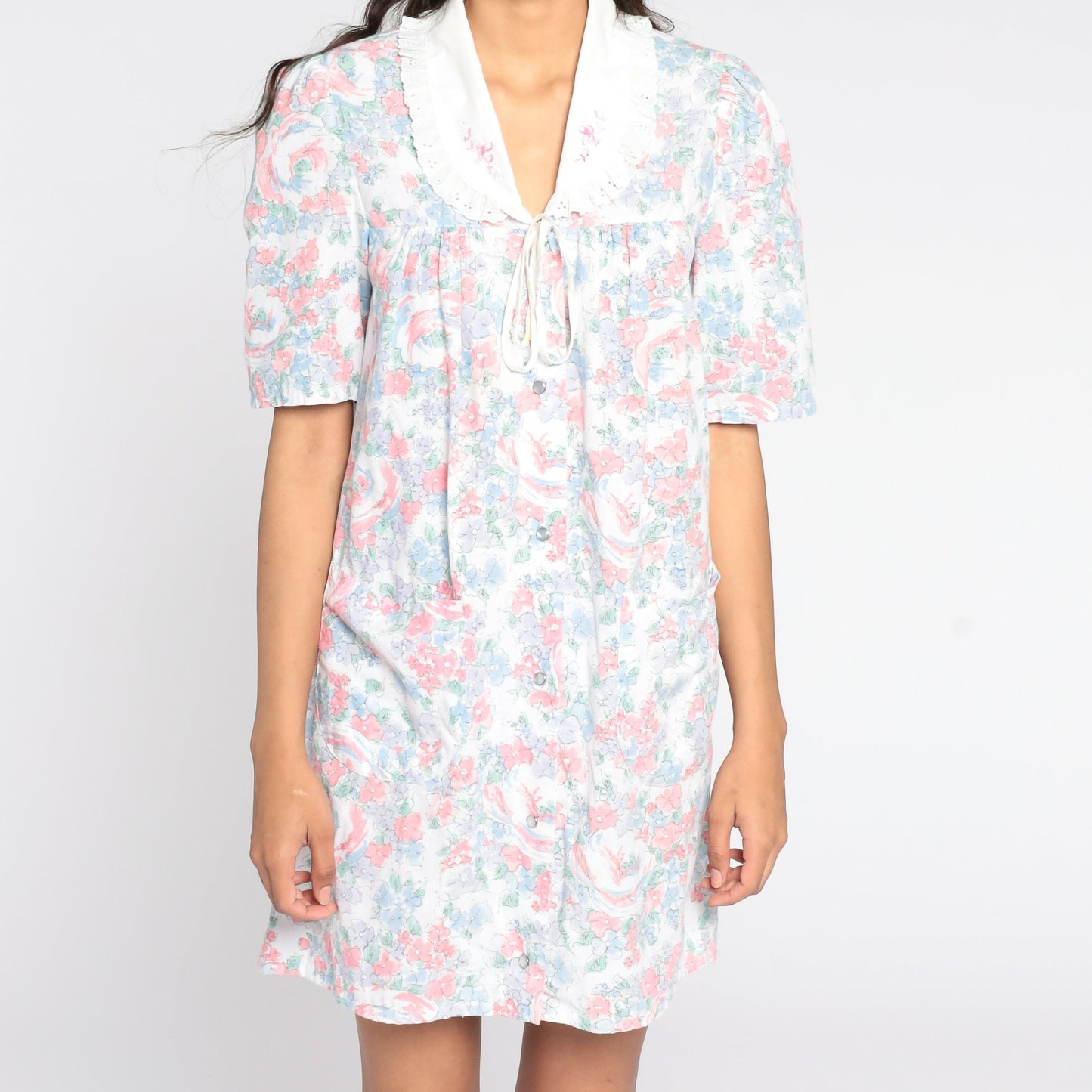 80s Floral Mini Dress Lace Collar Short Sleeve Cotton Small