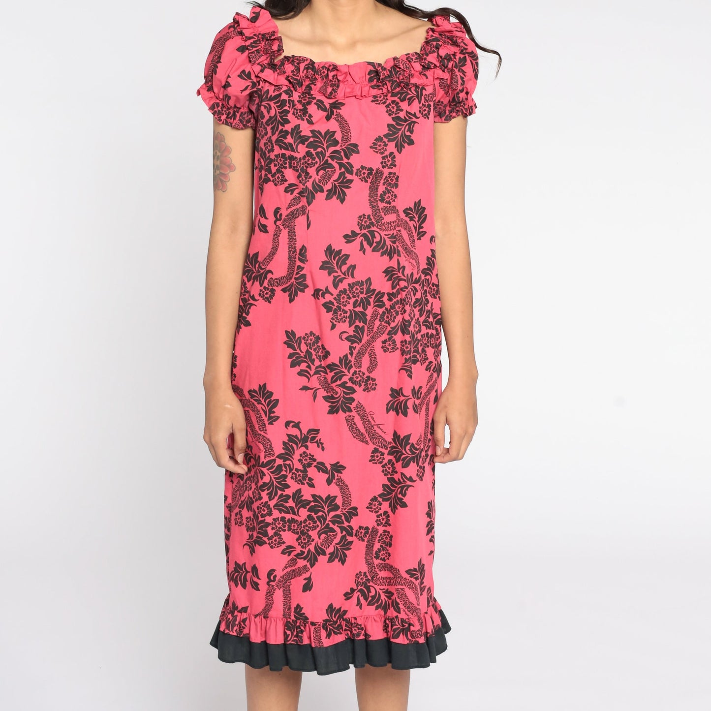 80s Pink Hawaiian Floral Midi Dress Puff Sleeve Shift Small S