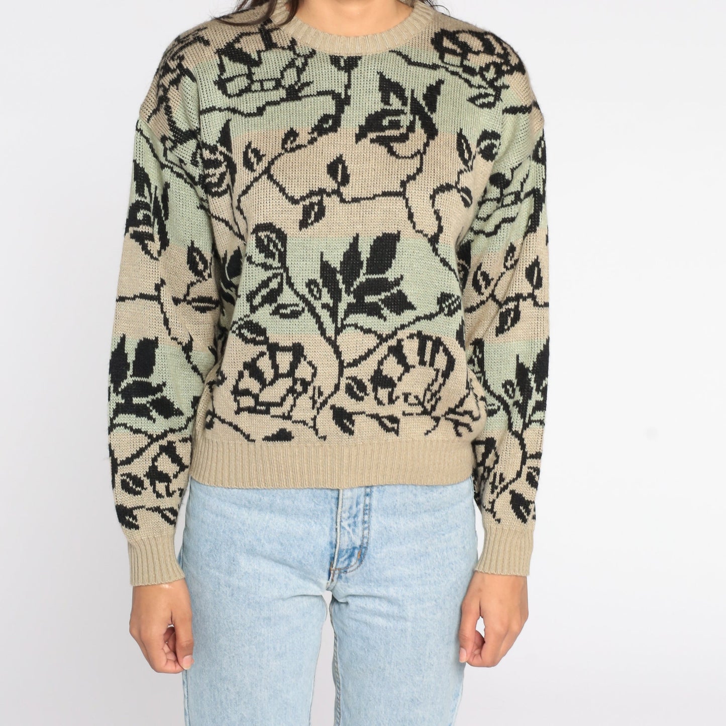 80s Floral Vine Crewneck Sweater Brown Green Pullover Medium
