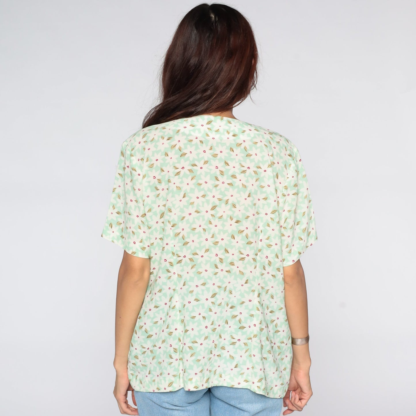 90s Green Floral Button-Up Shirt Short Sleeve Blouse Medium Large
