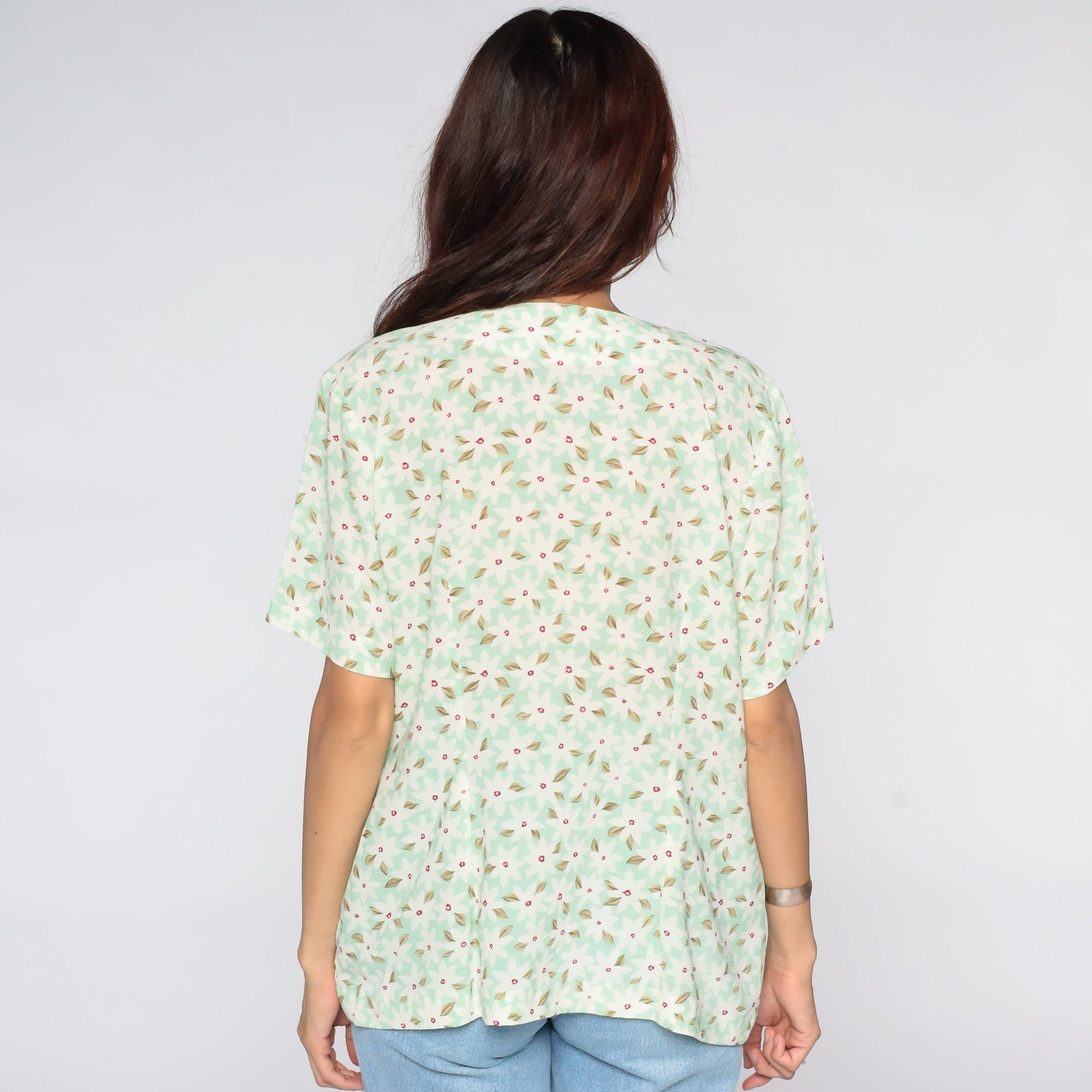 90s Green Floral Button-Up Shirt Short Sleeve Blouse Medium Large