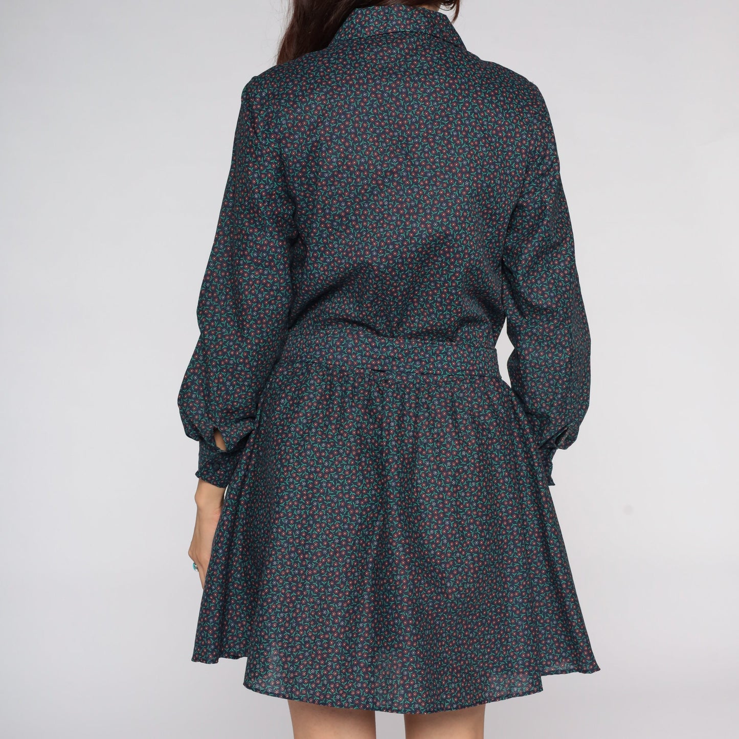 80s Blue Floral Mini Dress Long Sleeve Button Front Low Waist Small