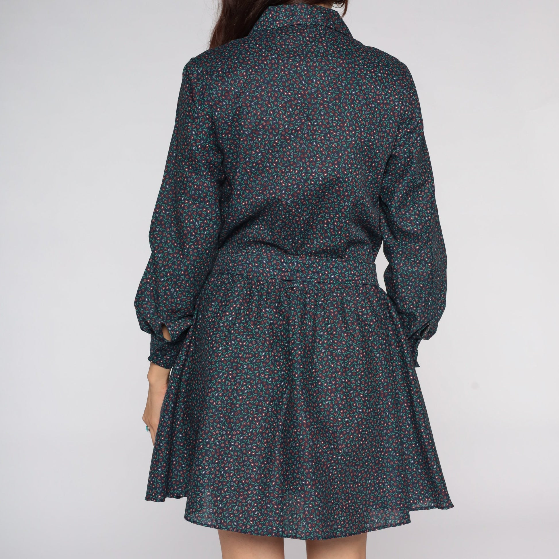 80s Blue Floral Mini Dress Long Sleeve Button Front Low Waist Small