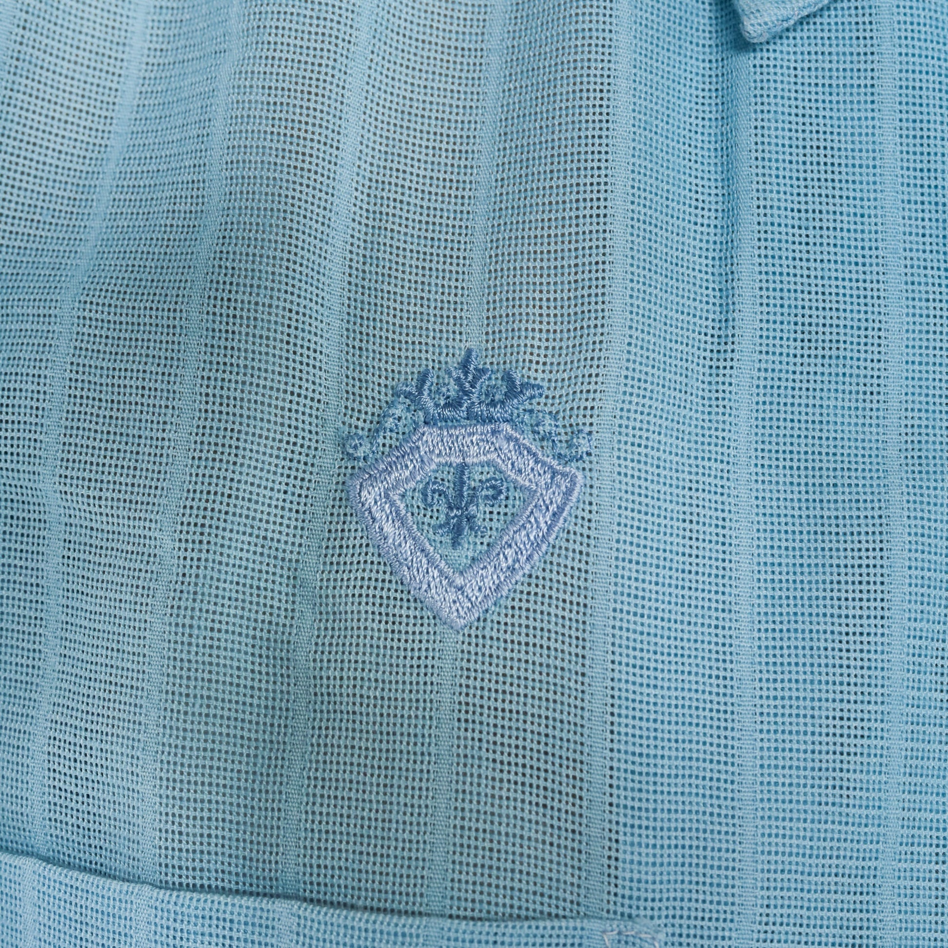 70s Light Blue Button-Up Shirt Fleur De Lis Crest Pointed Collar Short Sleeve Large