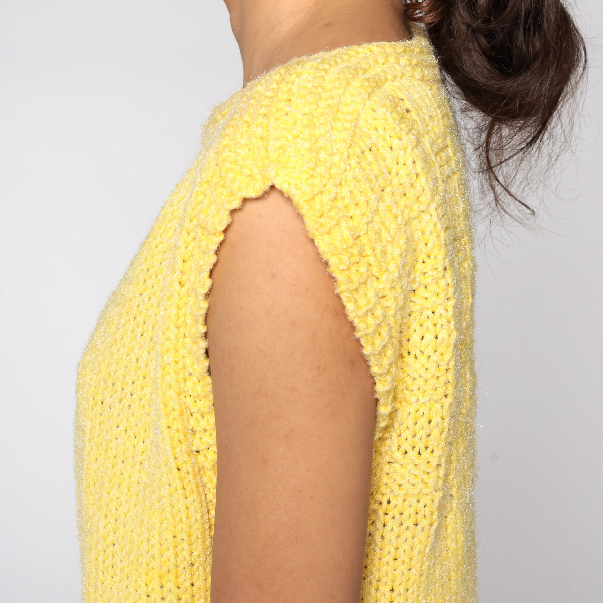 80s Yellow Knit Sweater Cap Sleeve Boat Neck Top Medium