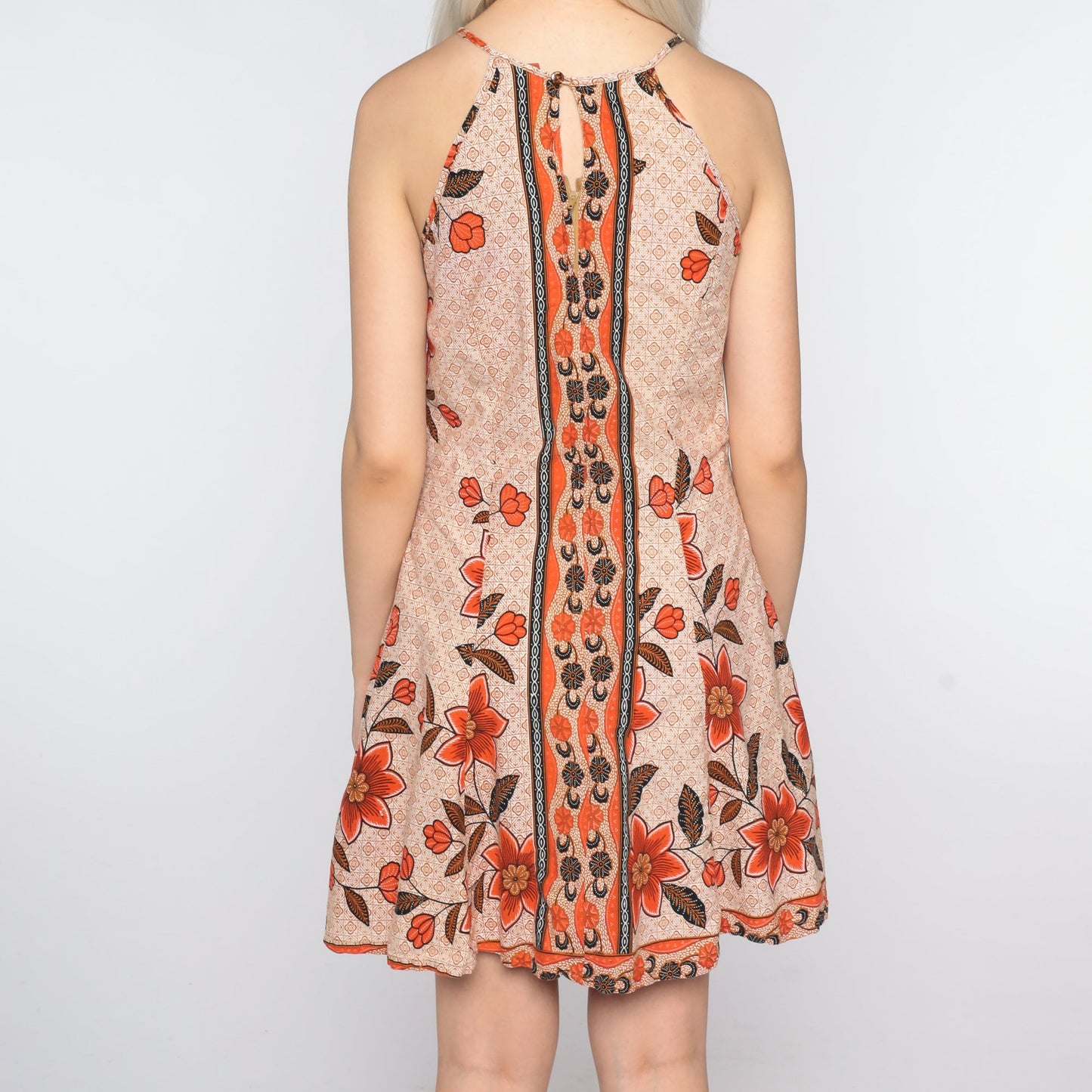 90s Batik Floral Mini Sundress Orange Sleeveless Shift Extra Small