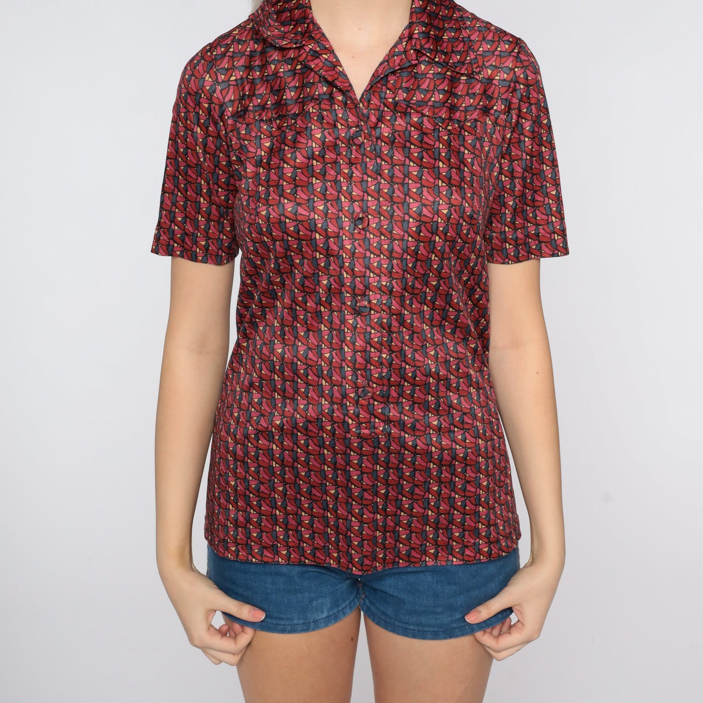 70s Geometric Print Disco Shirt Red Button-Up Blouse Short Sleeve Small S