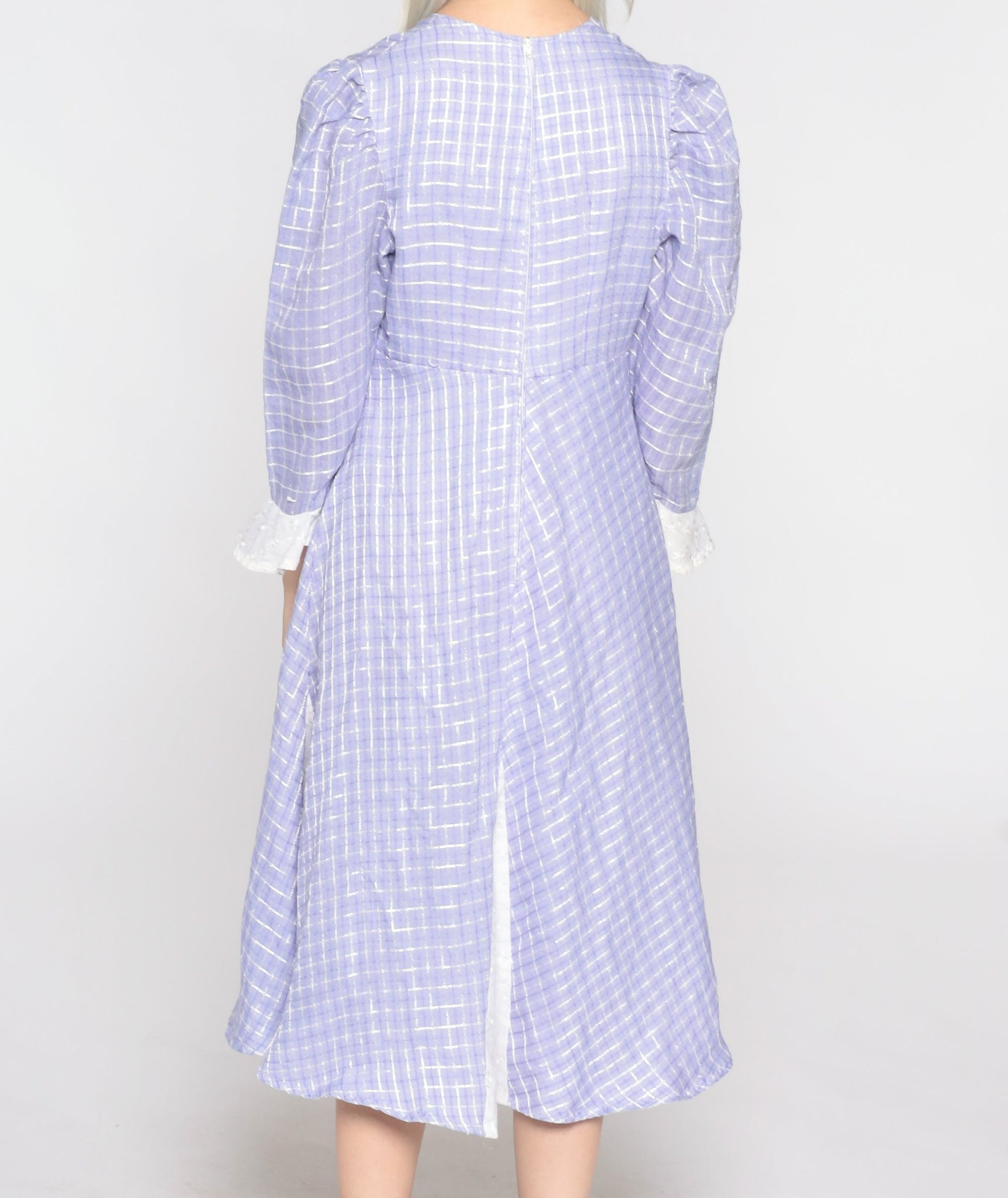 70s Purple Checkered Dress Puff Sleeve Empire Waist Midi Small