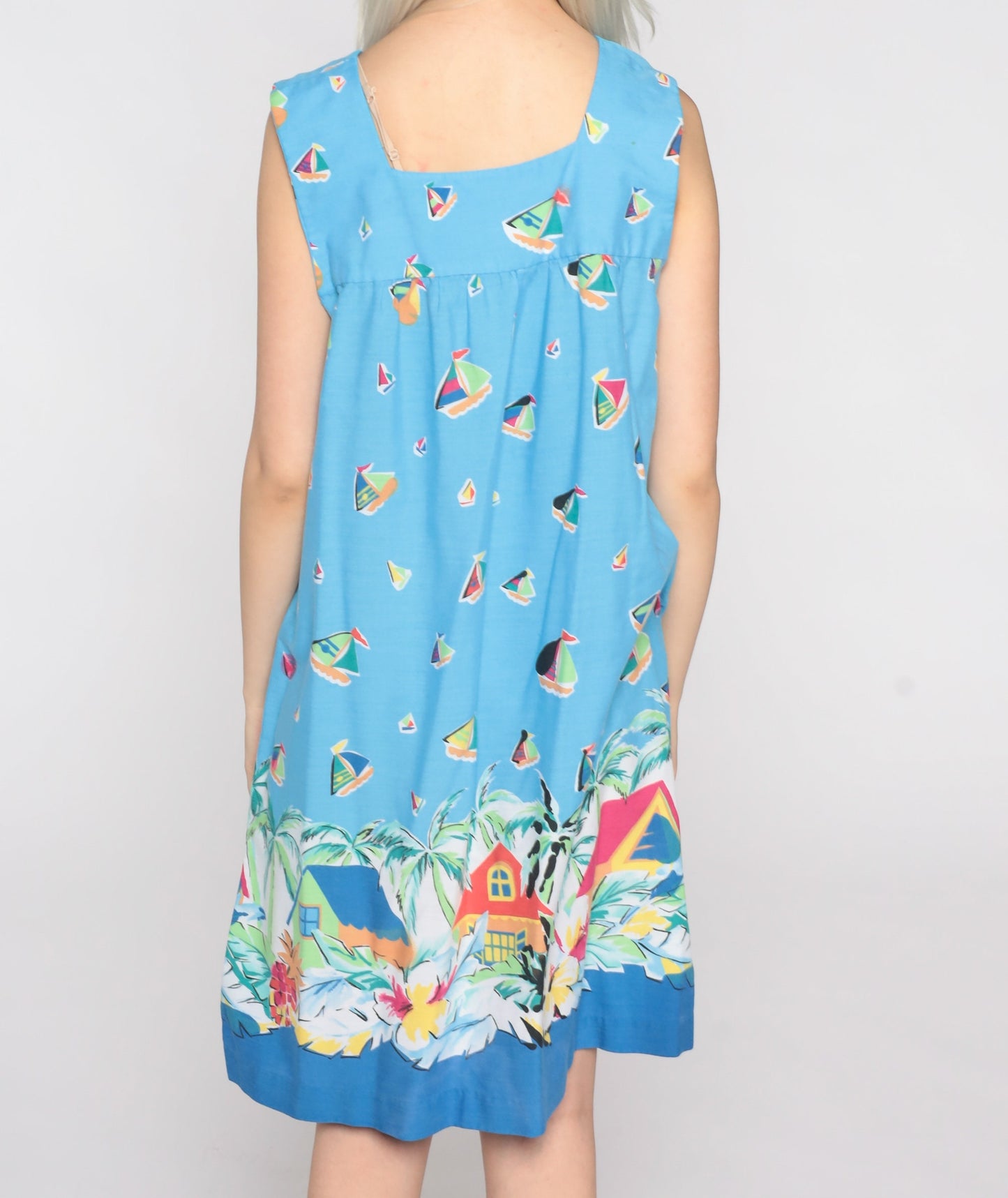 80s Sailboat Tropical Print Trapeze Dress Sleeveless Mini Cotton Small