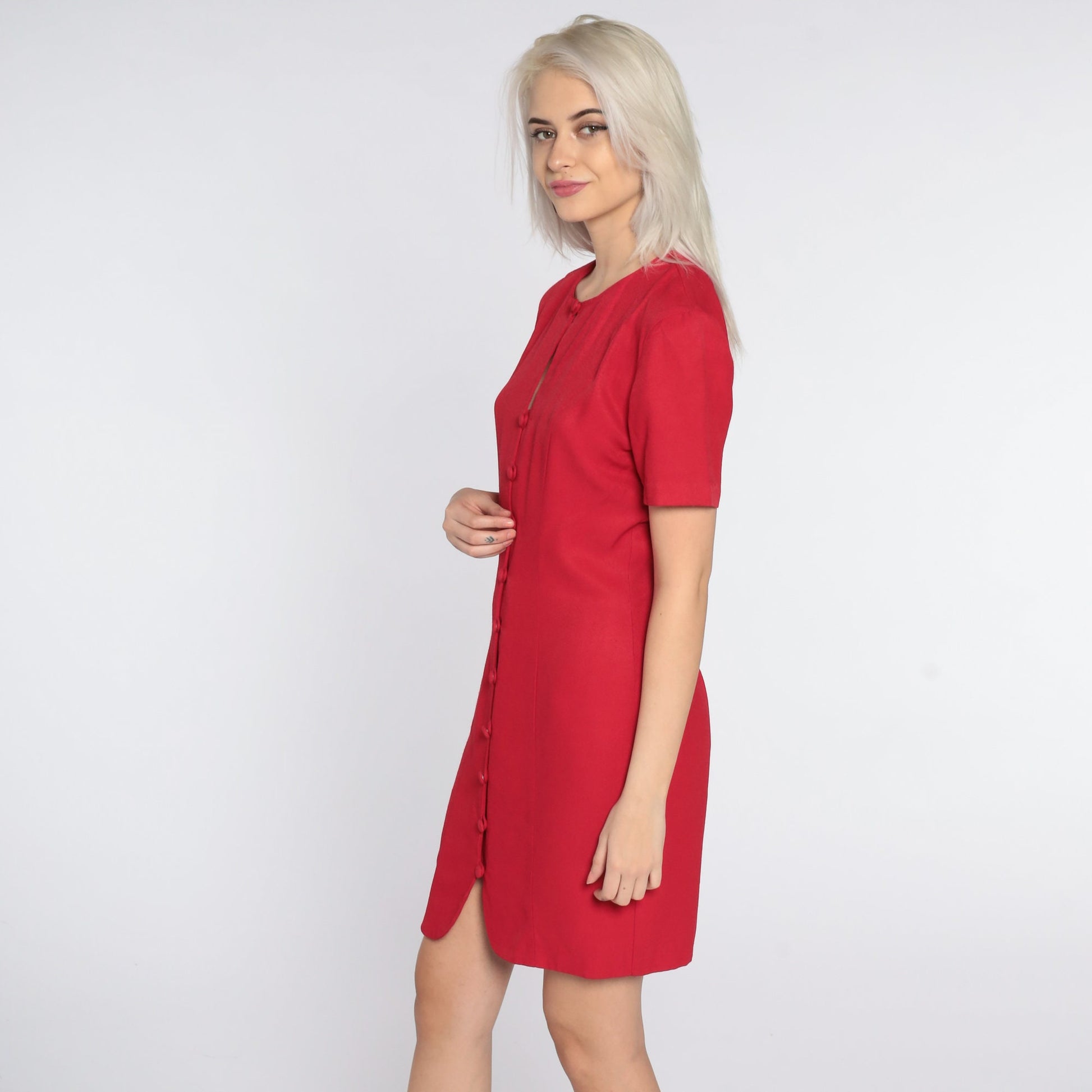 90s Red Mini Shift Dress Button Front Keyhole Short Sleeve Small