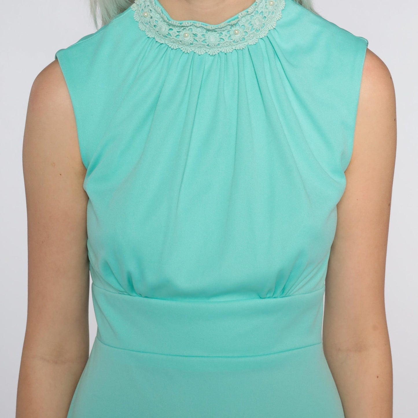 70s Seafoam Maxi Dress Empire Waist Crochet Collar Sleeveless Small