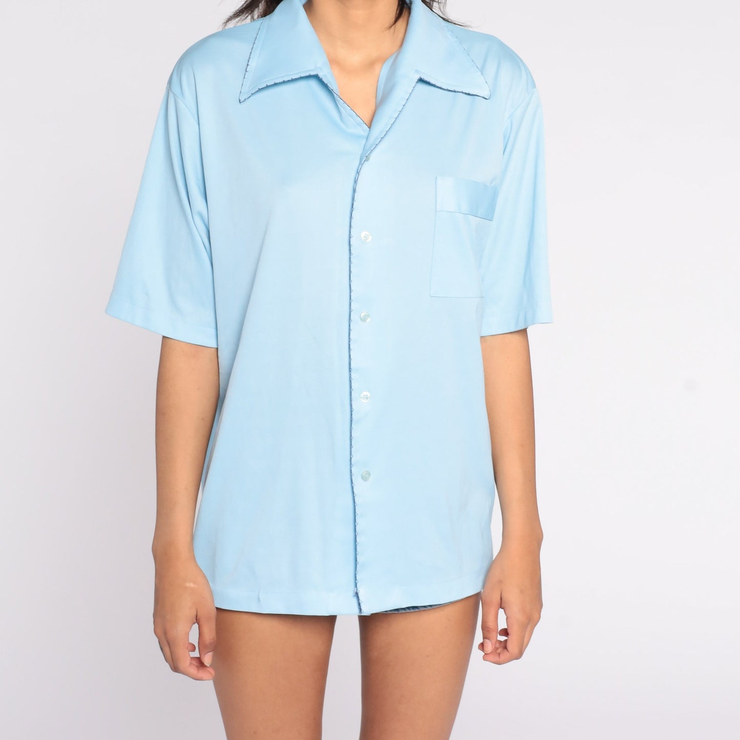 70s Baby Blue Button-Up Shirt Pointed Collar Short Sleeve Men's Large