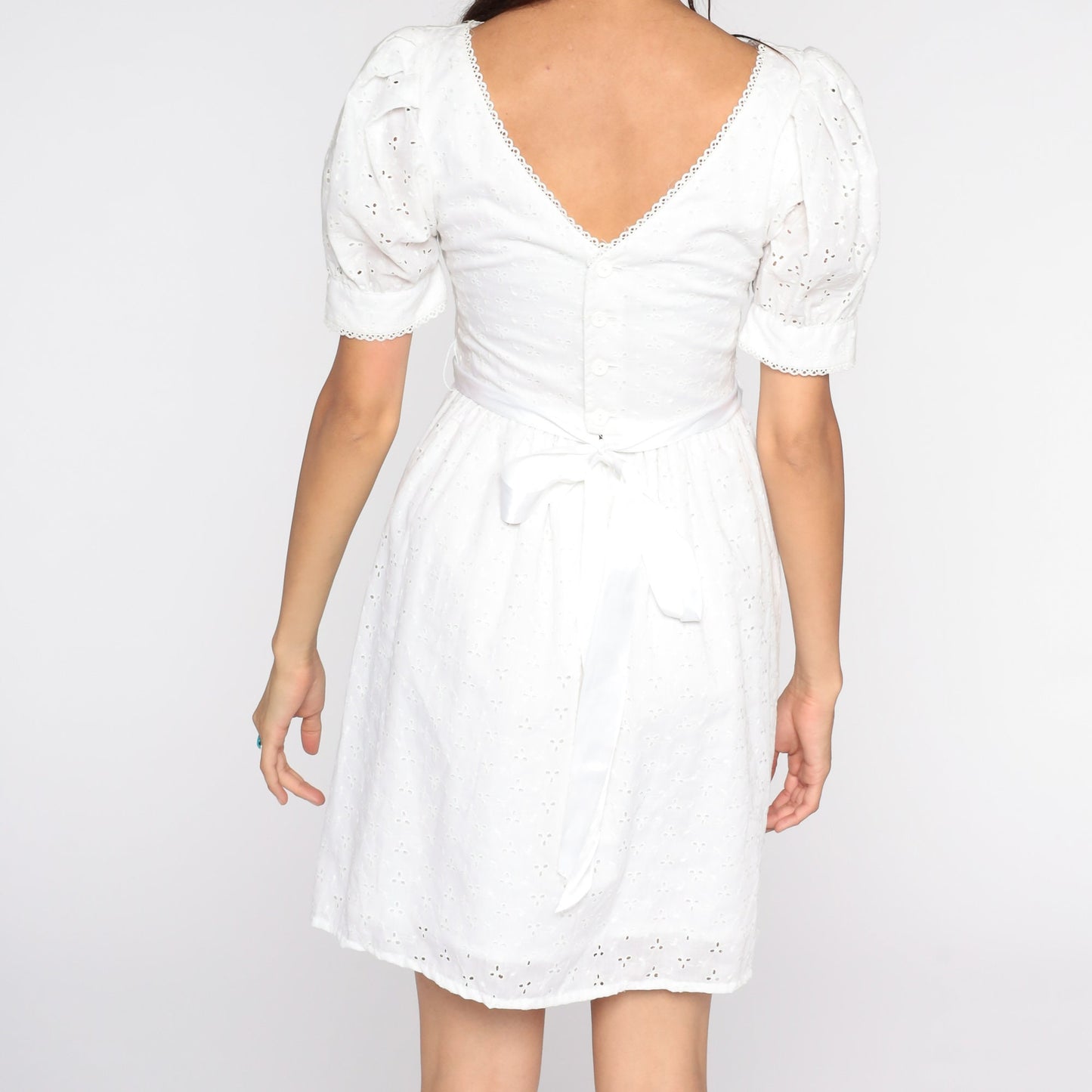 80s Lanz White Eyelet Midi Dress Puff Sleeve High Waist Extra Small