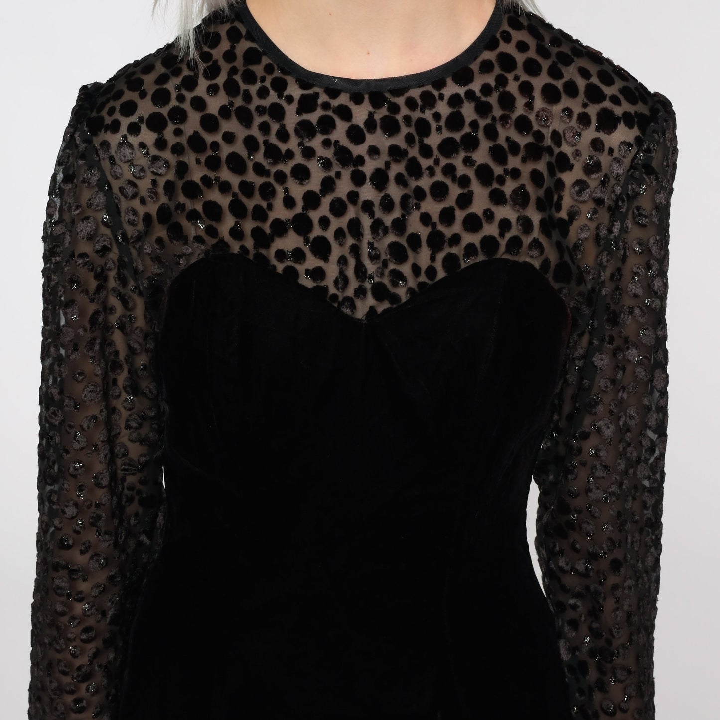 80s Black Velvet Party Dress Illusion Neckline Midi Long Sleeve Small 4