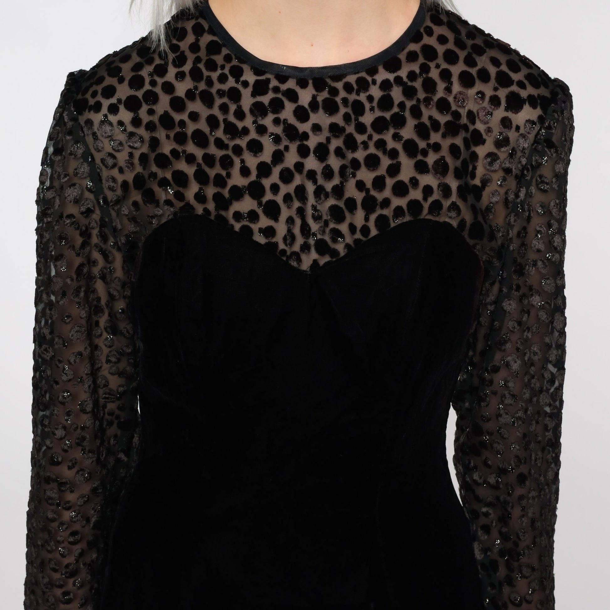 80s Black Velvet Party Dress Illusion Neckline Midi Long Sleeve Small 4