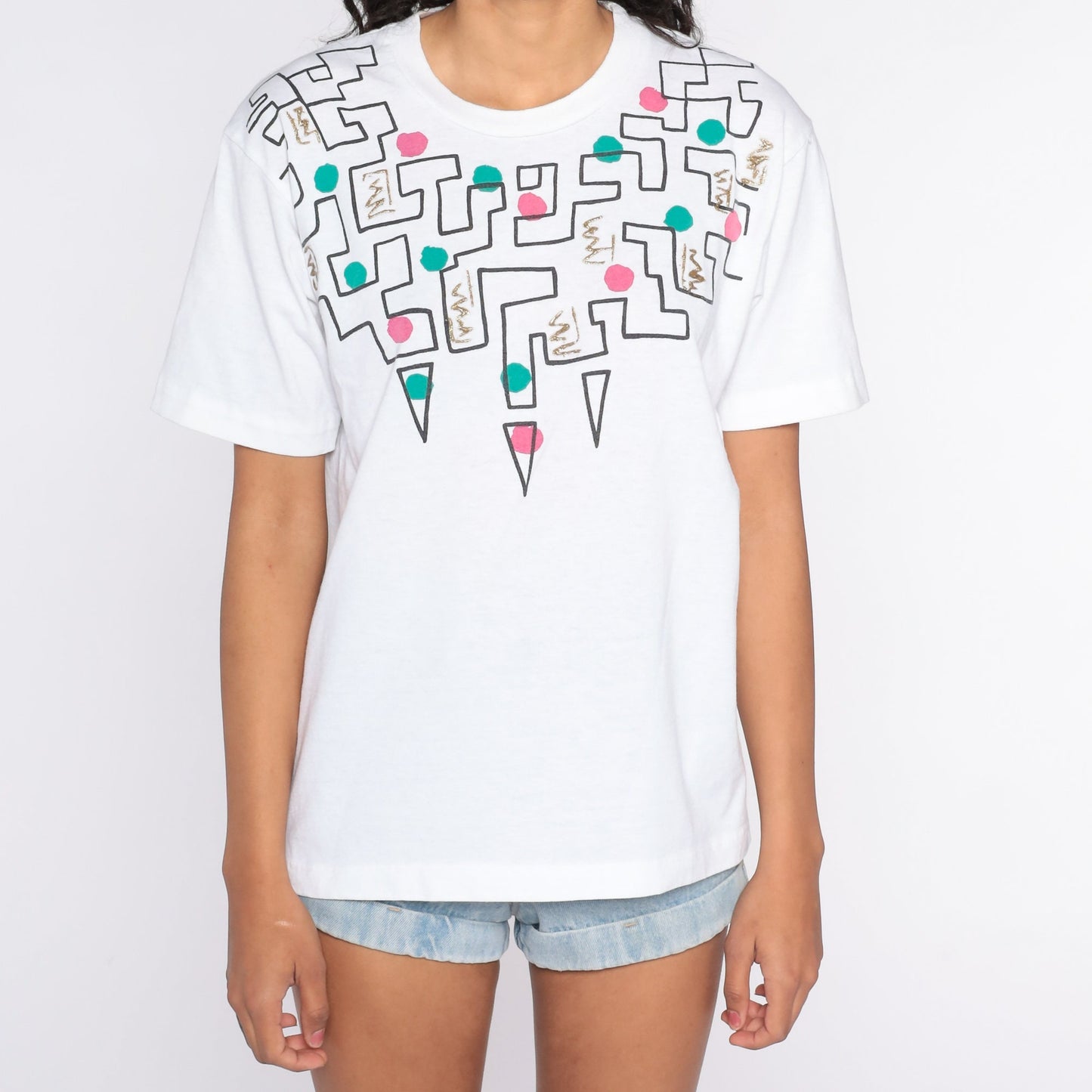 90s Geometric Glitter T-Shirt White Gold Paint Graphic Tee Medium