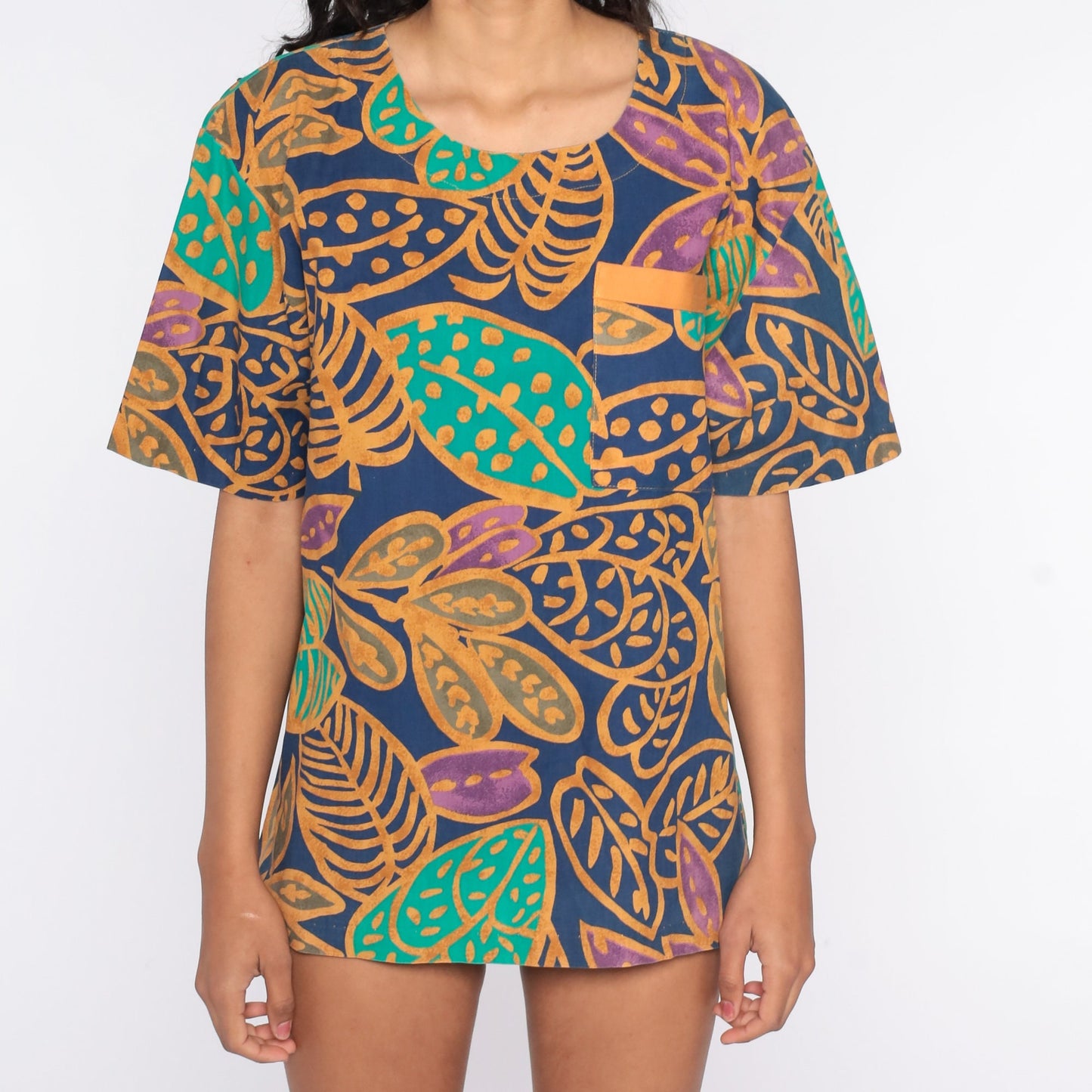 90s Tropical Leaf Graphic T-Shirt Jungle Print Vintage Surfer Tee Large L