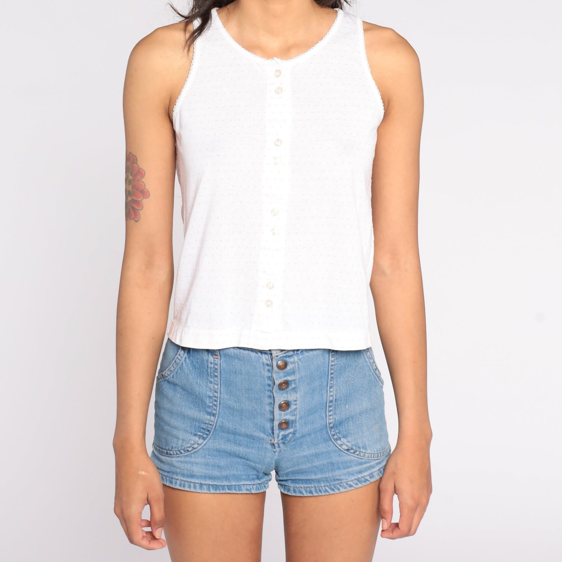 80s White Polka Dot Tank Top Button Front Cotton Sleeveless Small