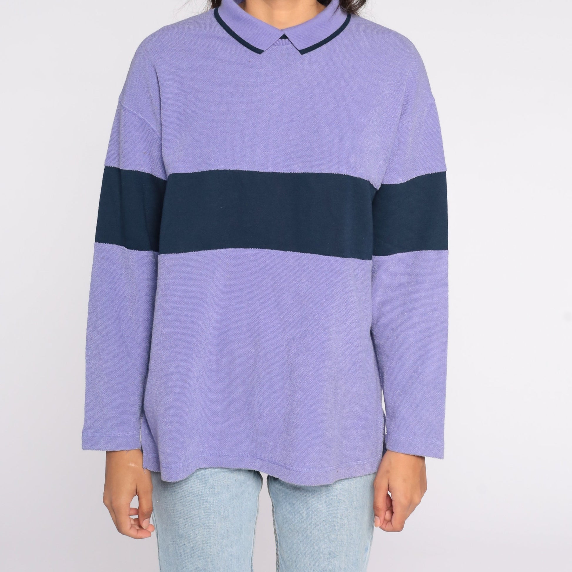 80s Purple Navy Striped Sweatshirt Collared Pullover Petite Medium