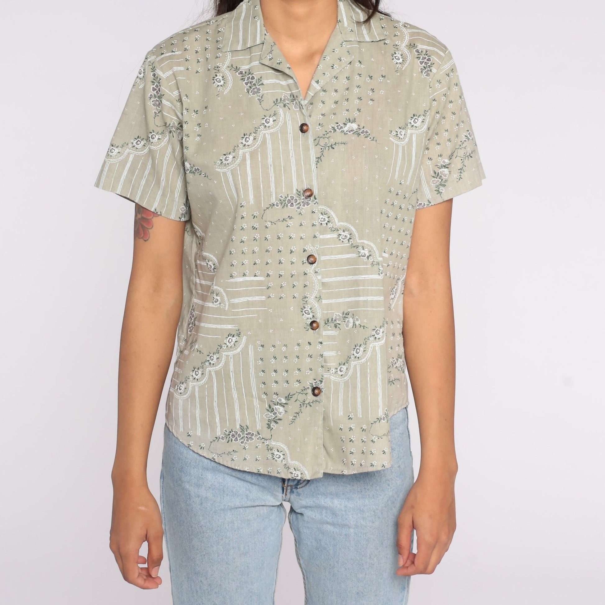 80s Taupe Floral Button-Up Blouse Short Sleeve Petite Small
