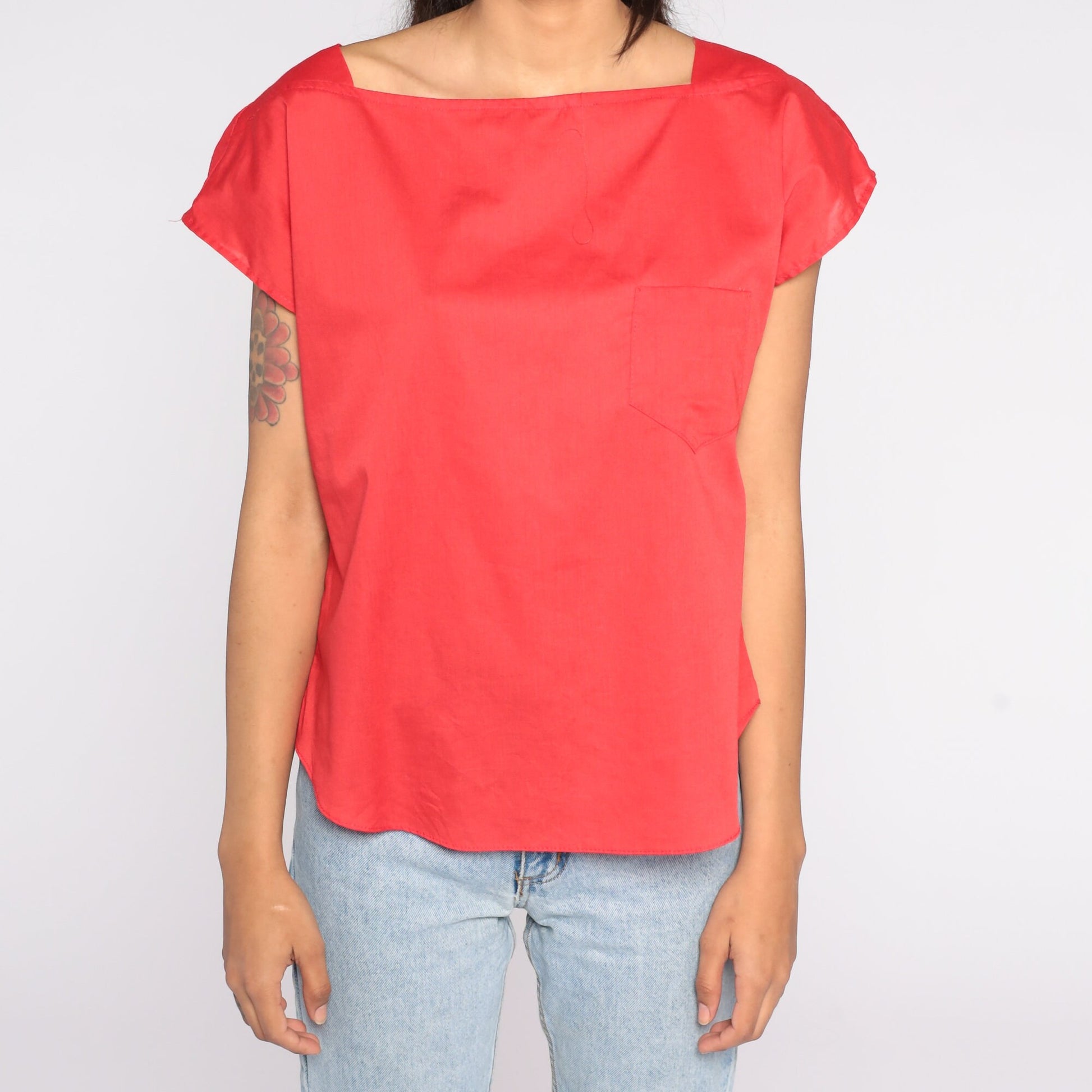 80s Red Cap Sleeve Blouse Cotton Blend Plain Shirt Large L