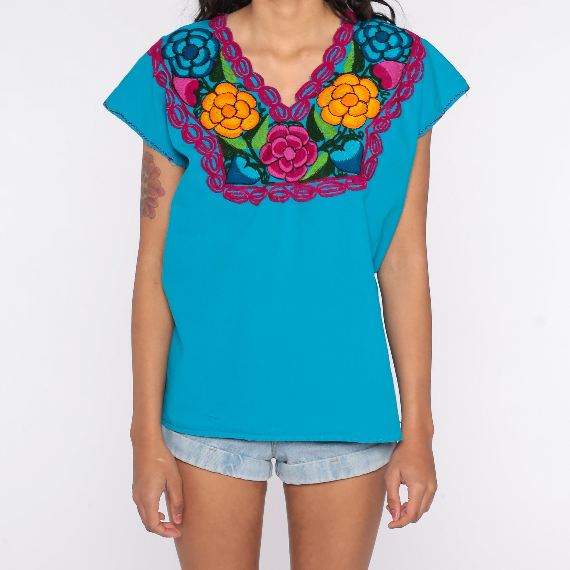 90s Mexican Embroidered Floral Blouse Tunic White Cotton Large