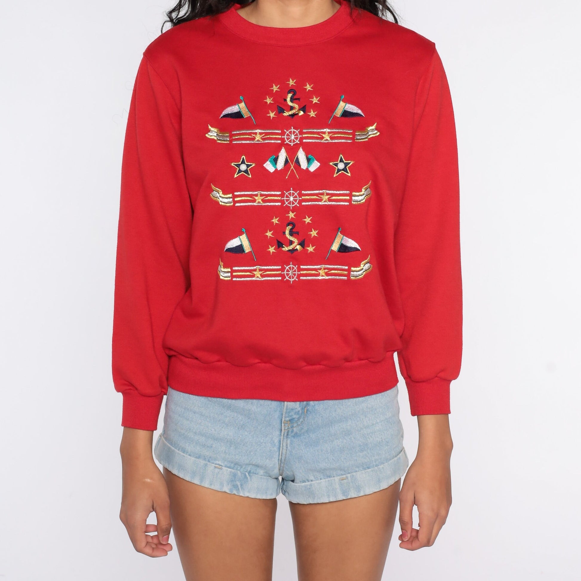 80s Sailor Anchor Nautical Flag Sweatshirt Red Graphic Crewneck Small
