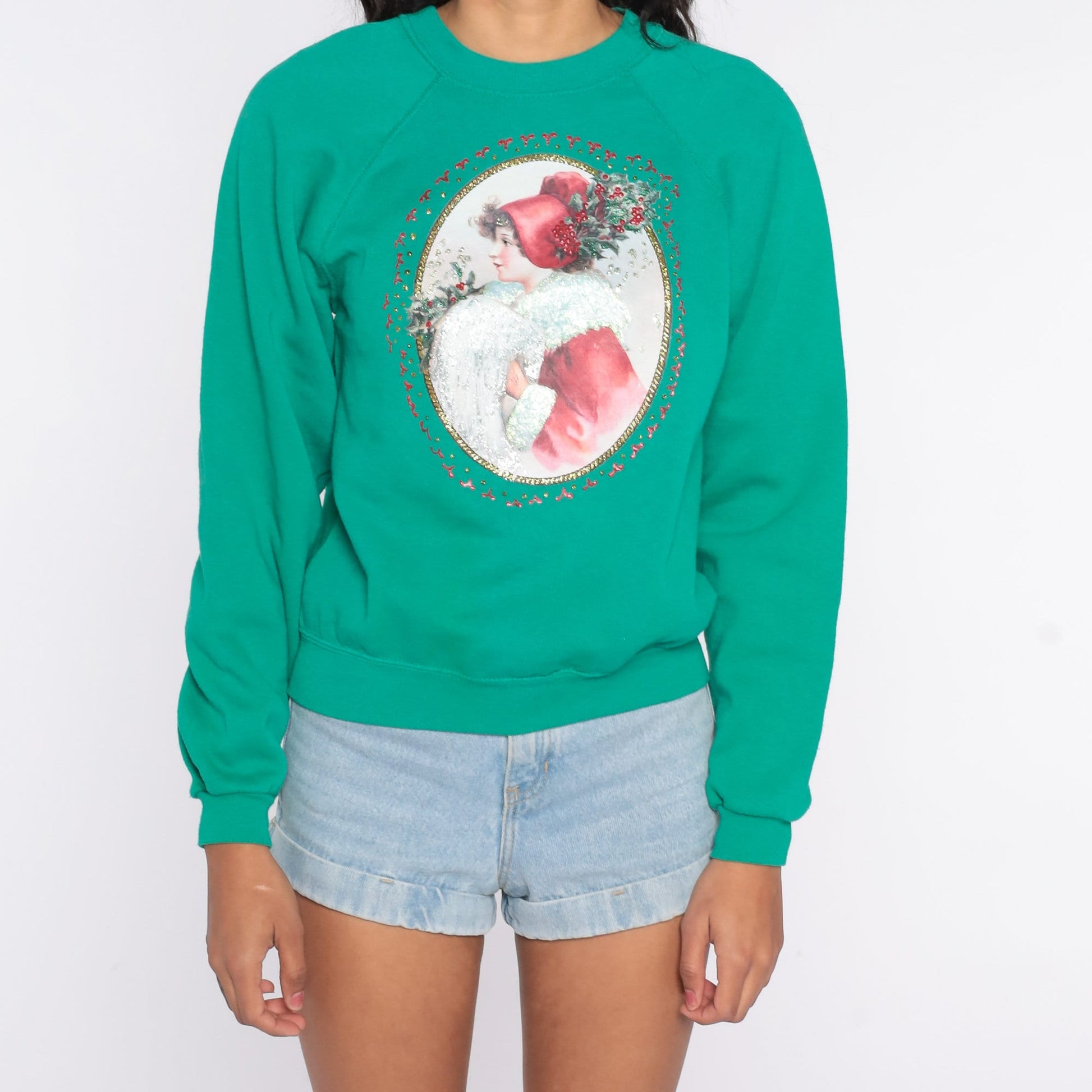 80s Christmas Sweater Woman Raglan Glitter Green Knit Extra Small XS