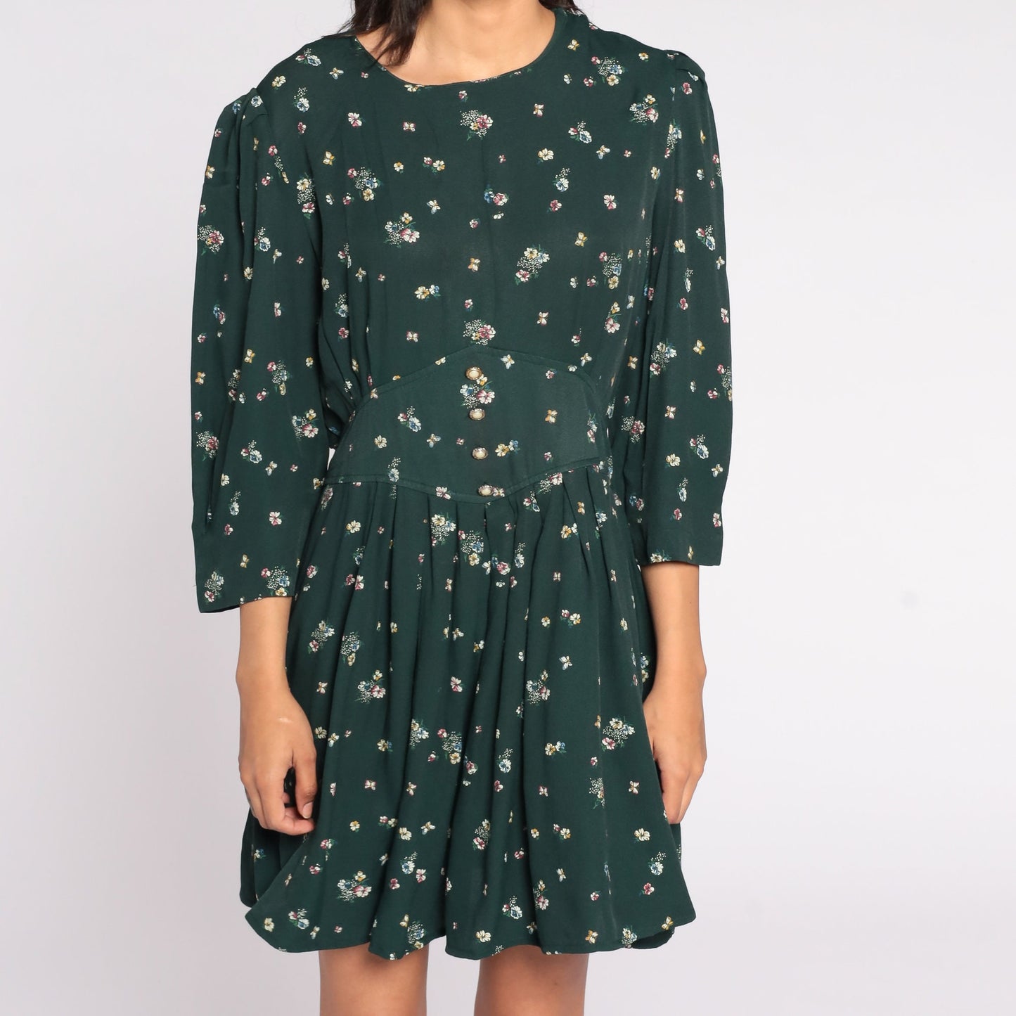 80s Green Floral Mini Dress Puff Sleeve High Waisted Medium