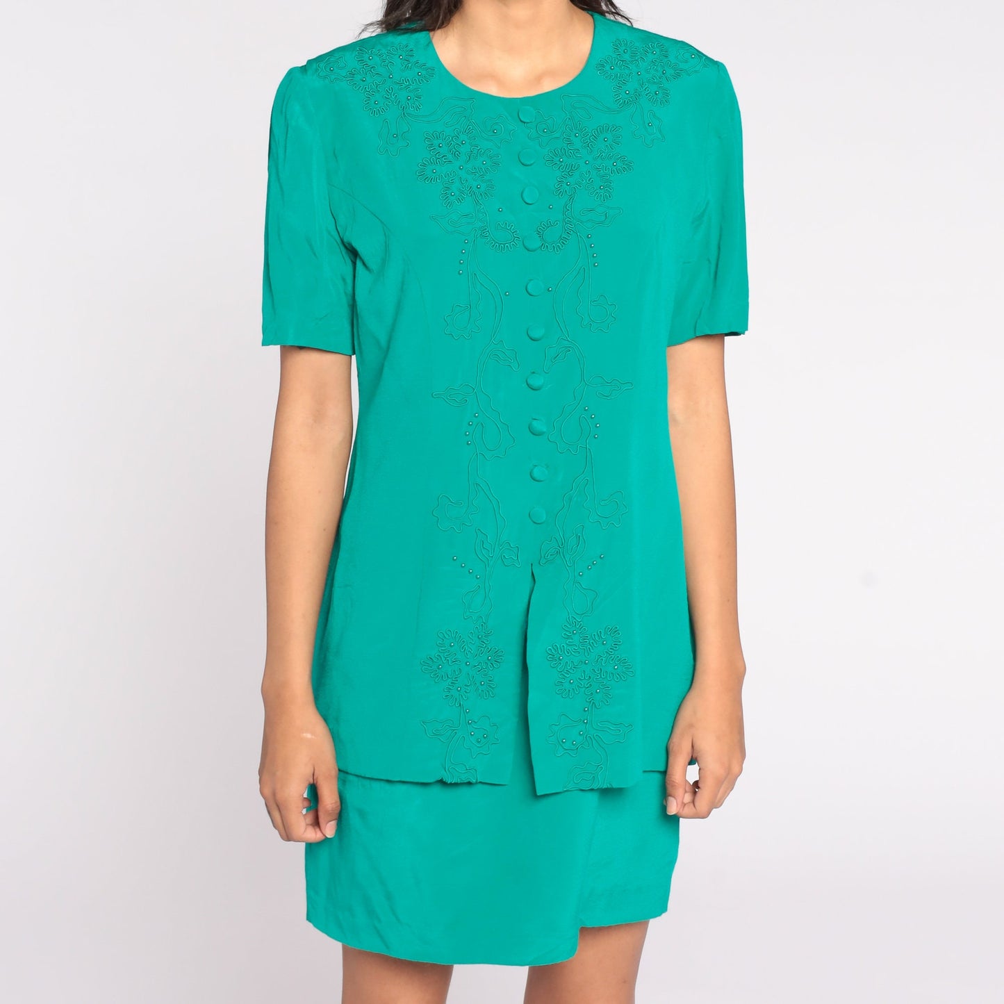 90s Green Beaded Soutache Mini Dress Button-Up Sheath Short Sleeve Medium