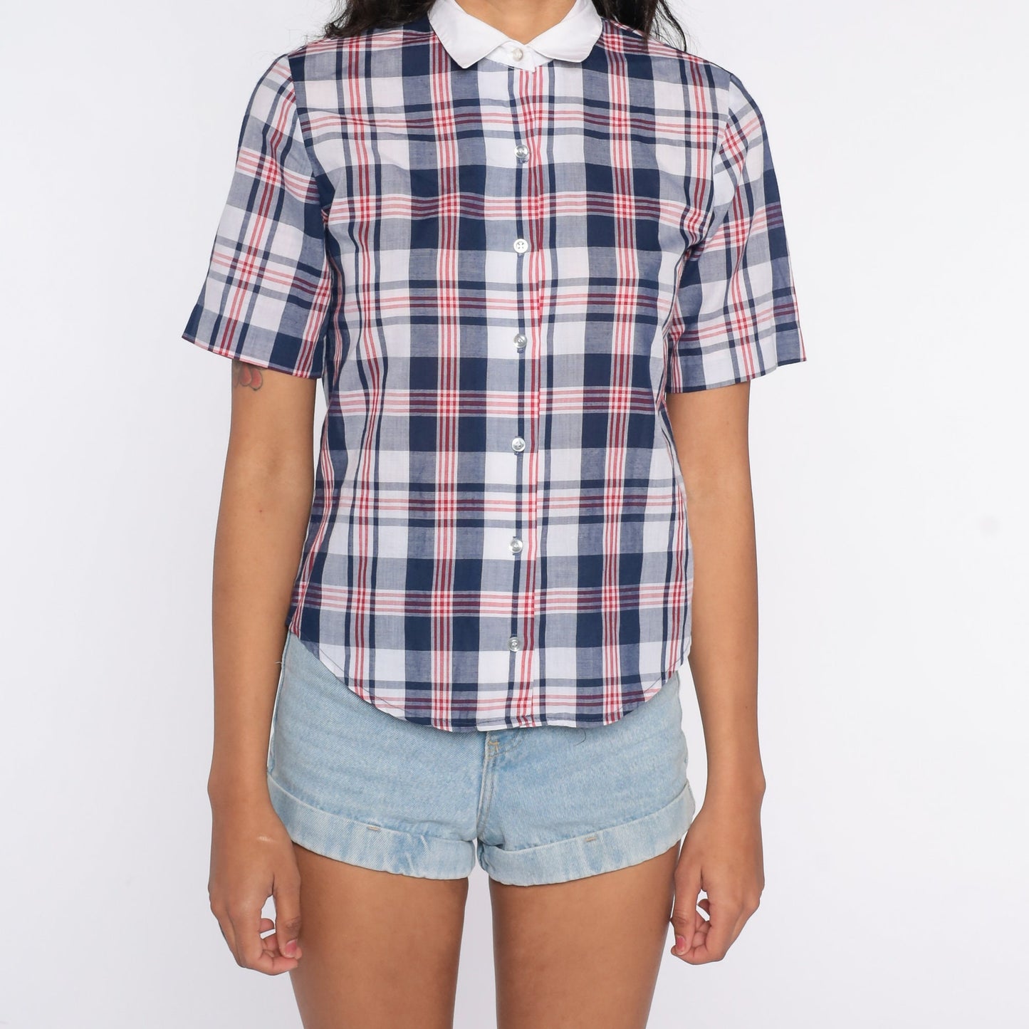 80s Blue Plaid Button-Up Shirt Short Sleeve Checkered Cotton Blouse Small S