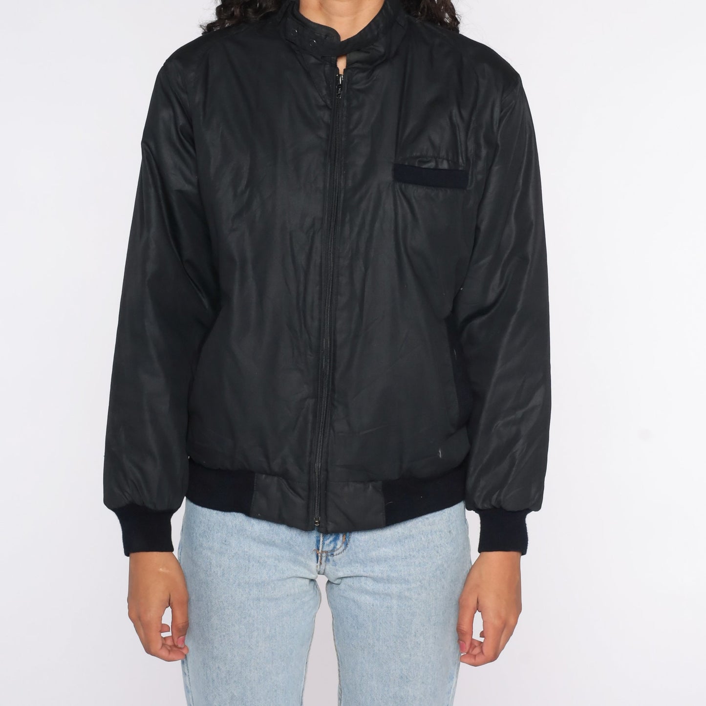 80s Black Bomber Jacket Epaulette Windbreaker Cafe Racer Small